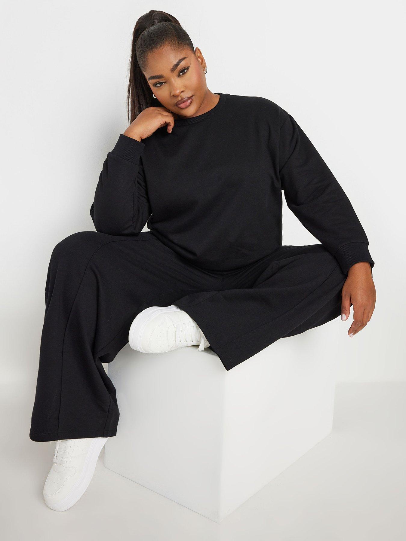 Image 1 of 4 of Yours Curve Crew Neck Sweatshirt With Wide Leg Jogger Set - Black