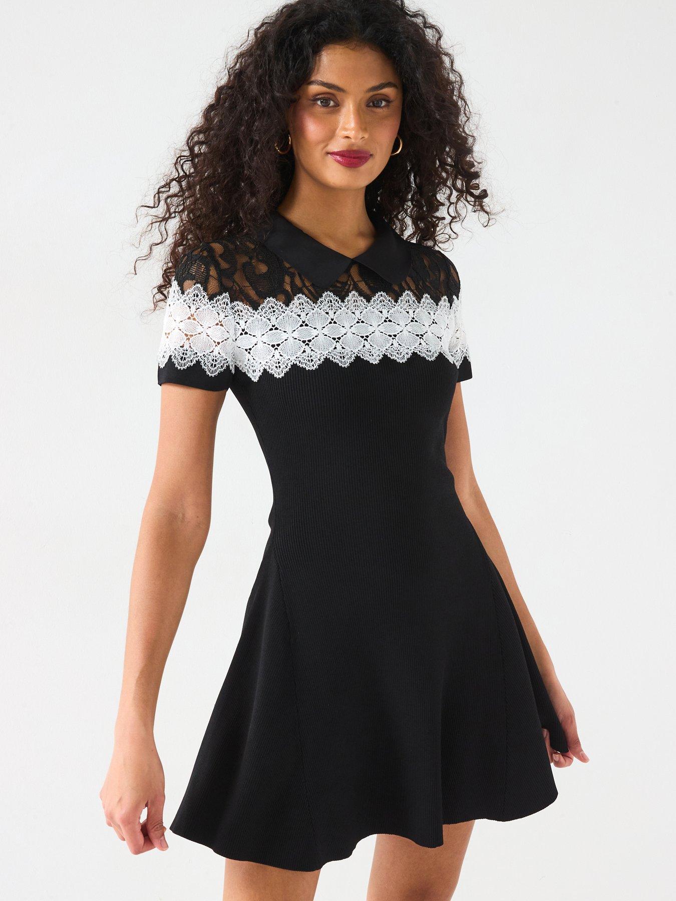 undefined Short Sleeve Lace Insert Mini Dress - Black