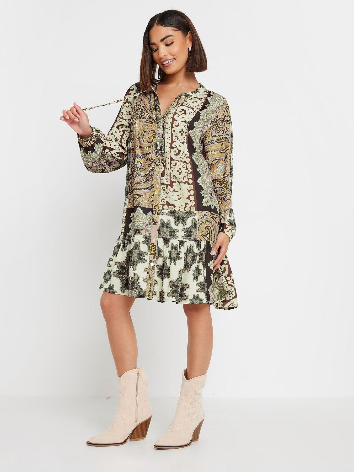 undefined Petite Boho Patchwork Tiered Dress - Brown