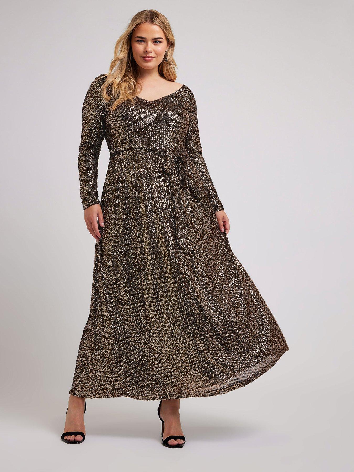 Yours Curve Sequin V Neck Long Sleeve Maxi Dress - Gold