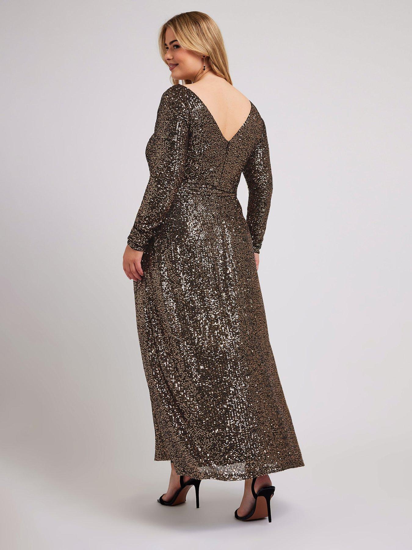 Yours Curve Sequin V Neck Long Sleeve Maxi Dress - Gold | Littlewoods