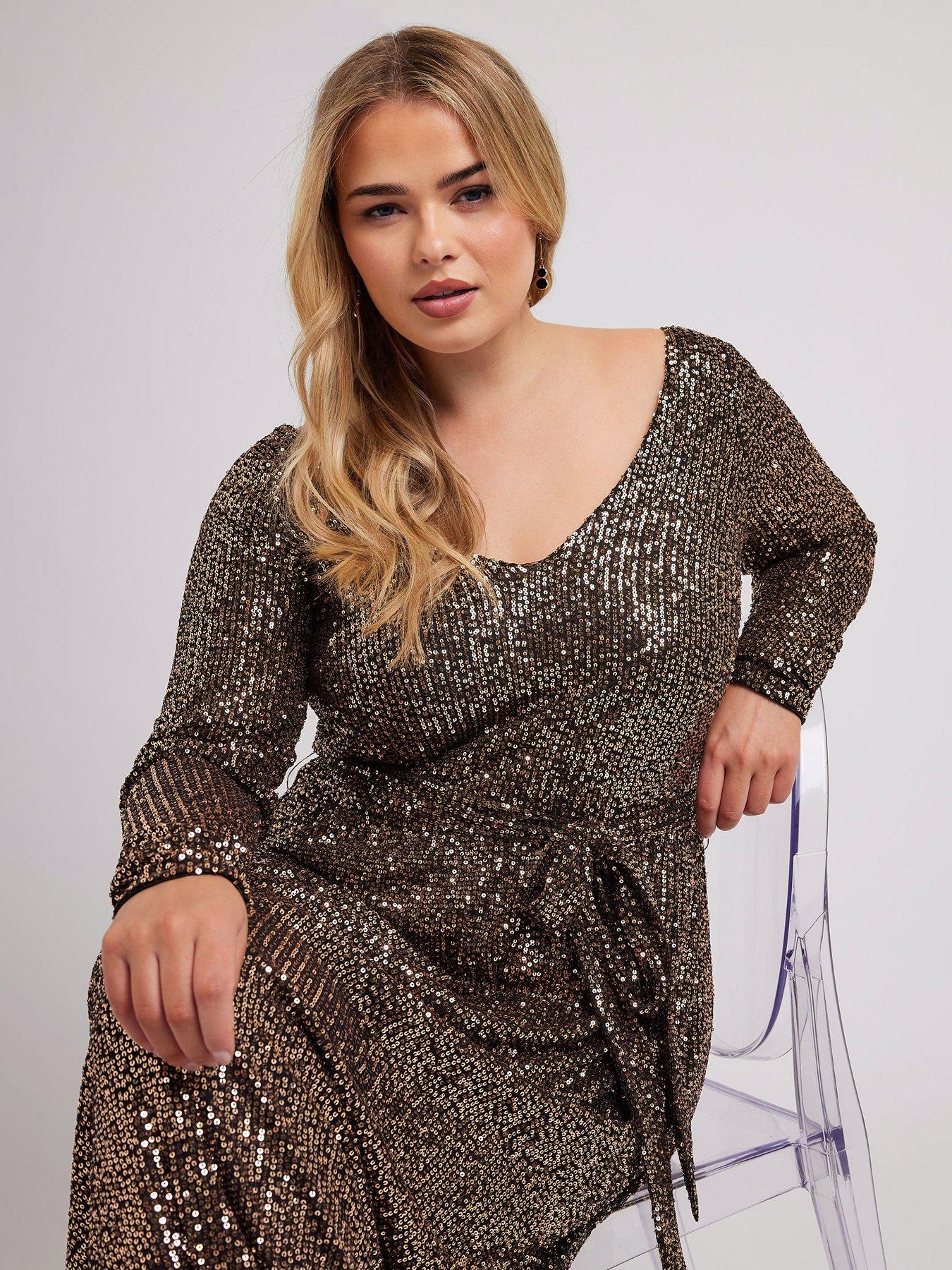  image of yours-curve-sequin-v-neck-long-sleeve-maxi-dress-gold