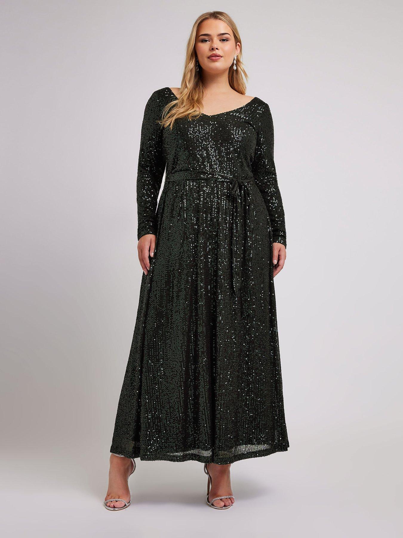 Yours Curve Sequin V Neck Long Sleeve Maxi Dress