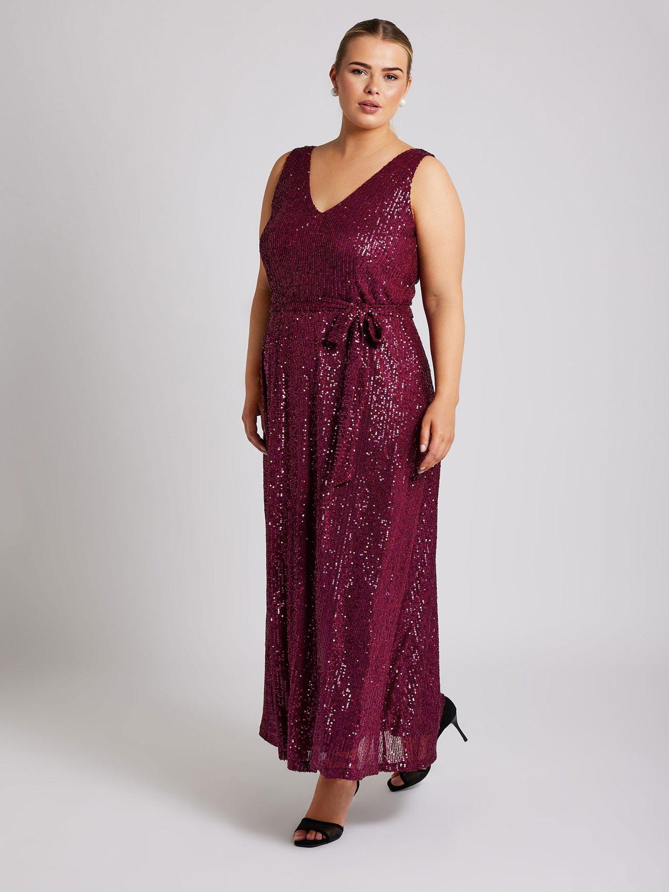Image 3 of 4 of Yours Curve Sequin V Neck Maxi Dress - Red