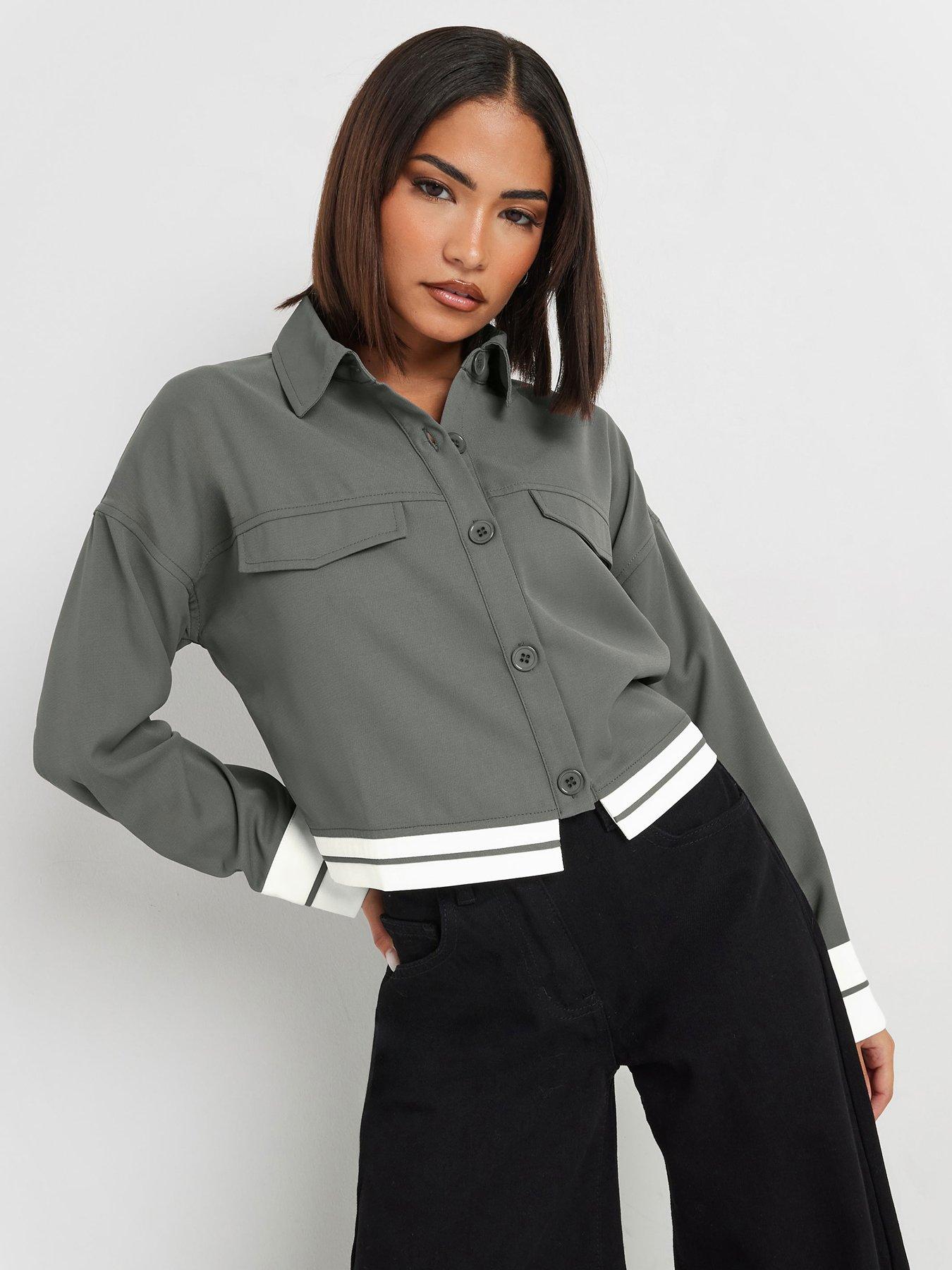 undefined Petite Long Sleeve Contrast Hem Shirt - Grey