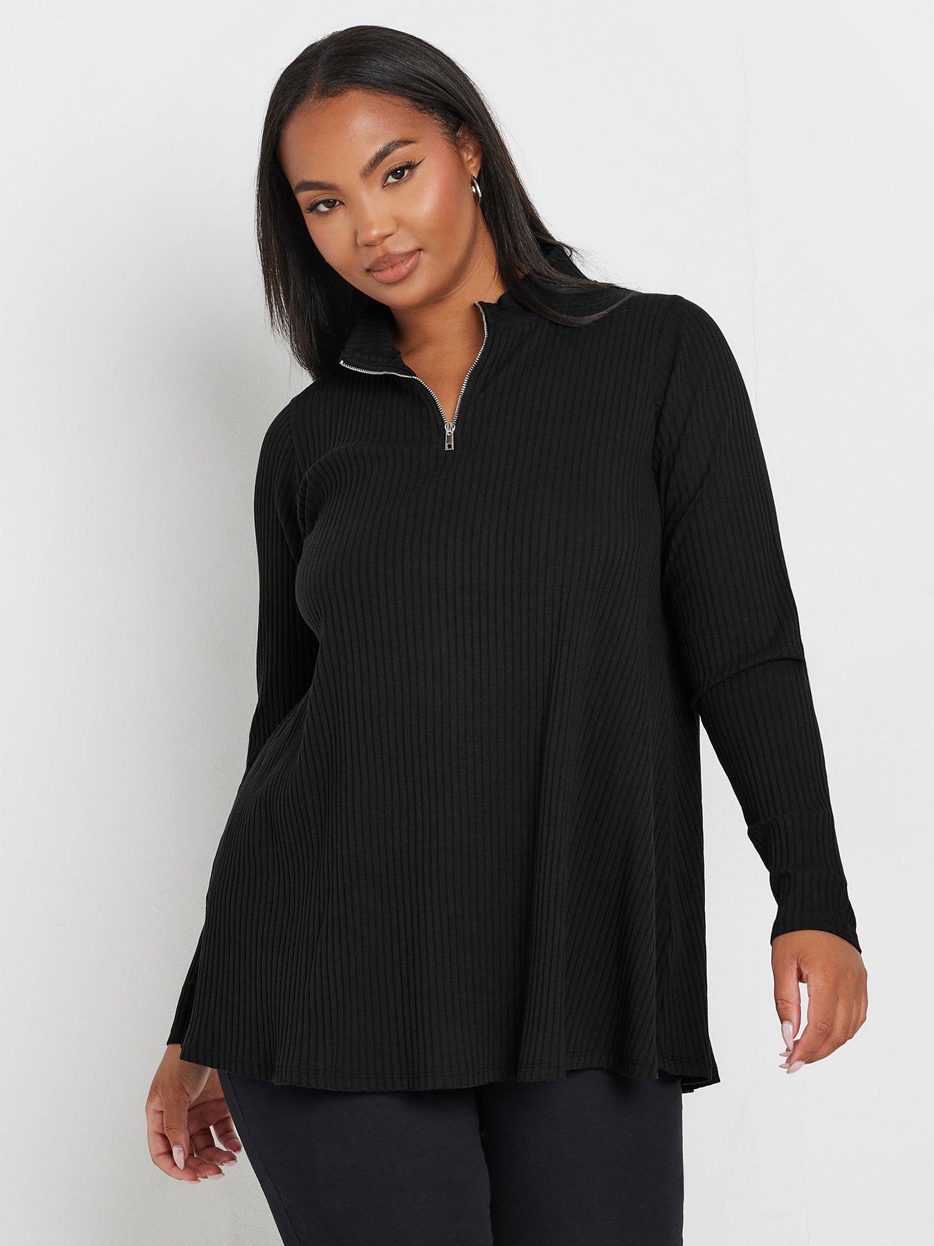 undefined Curve Quarter Zip Rib Top - Black