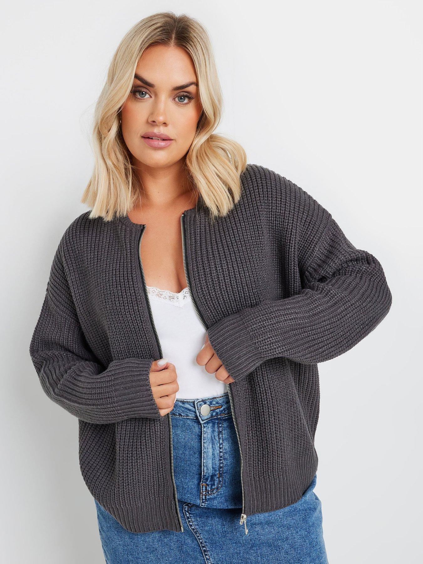 undefined Curve Zip Thru Knitted Cardigan Bomber - Grey