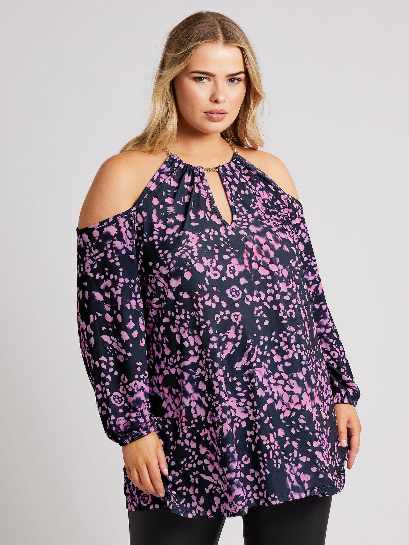 undefined Curve Chain Halter Cold Shoulder Long Sleeve Top - Purple