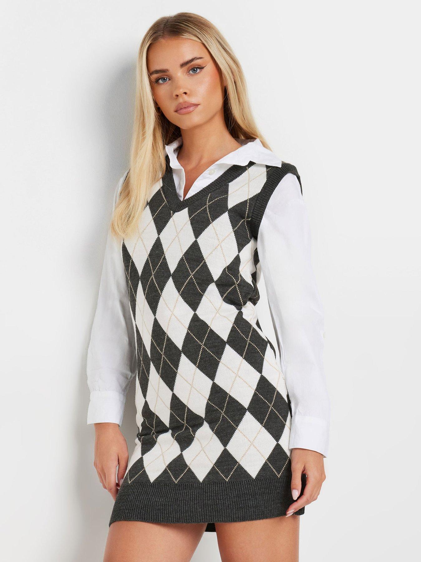 undefined Petite Argyle Check Vest Dress - Black/White