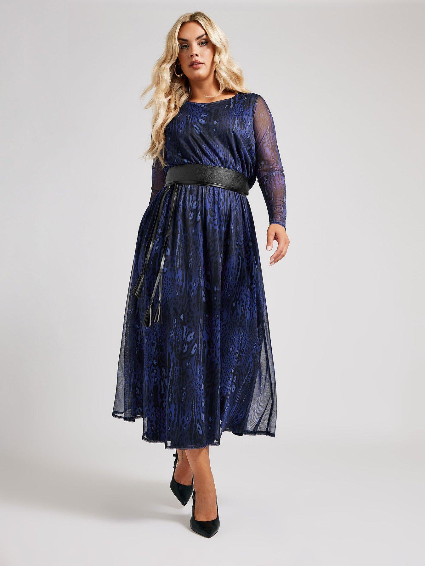 undefined Curve Long Sleeve Mesh Dress With Belt - Blue