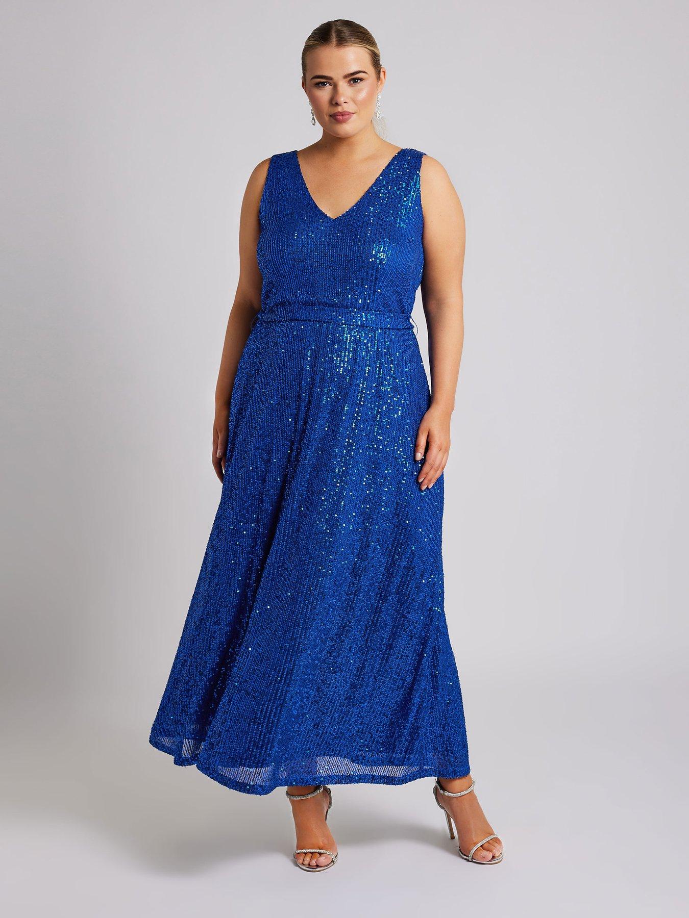 Yours Curve Sequin V Neck Maxi Dress - Blue
