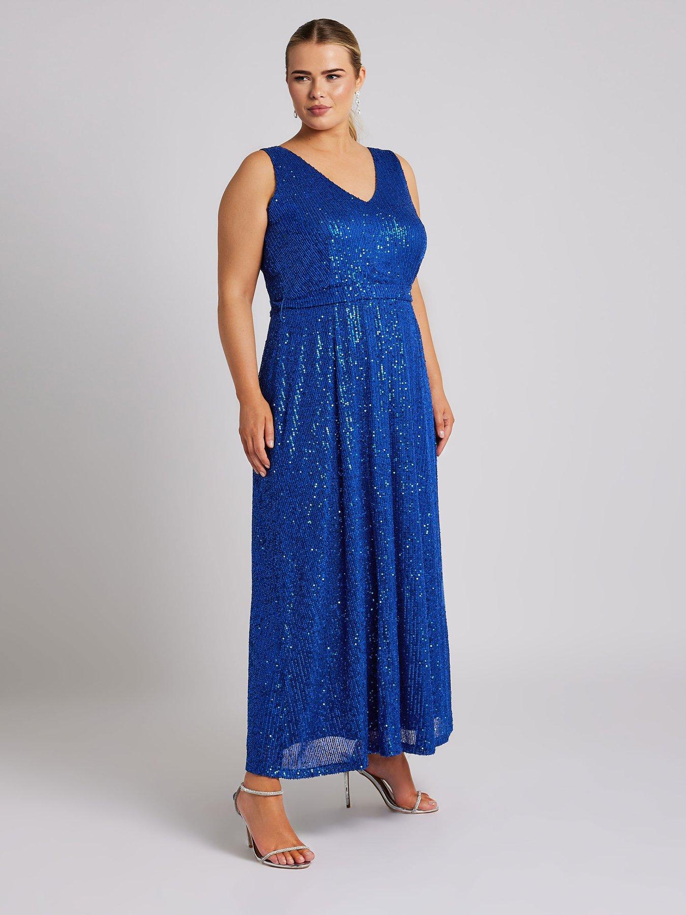 Image 3 of 4 of Yours Curve Sequin V Neck Maxi Dress - Blue