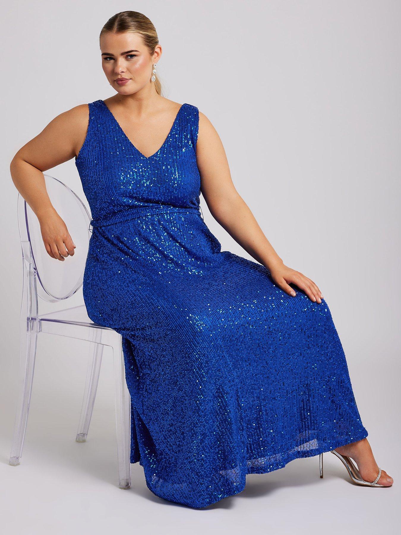Image 4 of 4 of Yours Curve Sequin V Neck Maxi Dress - Blue