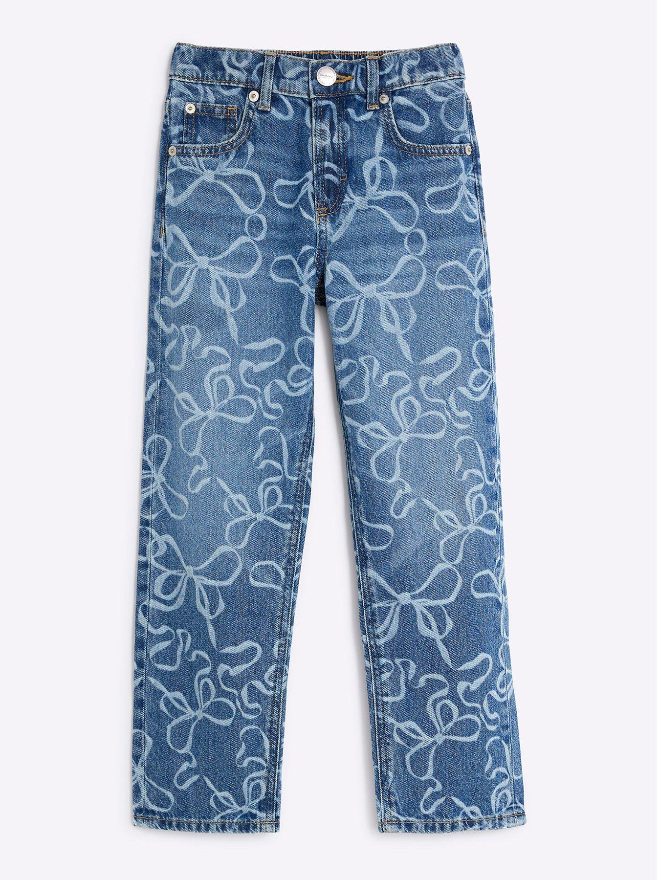 undefined Older Girl Denim Bow Laser Cut Mom Jeans - Blue