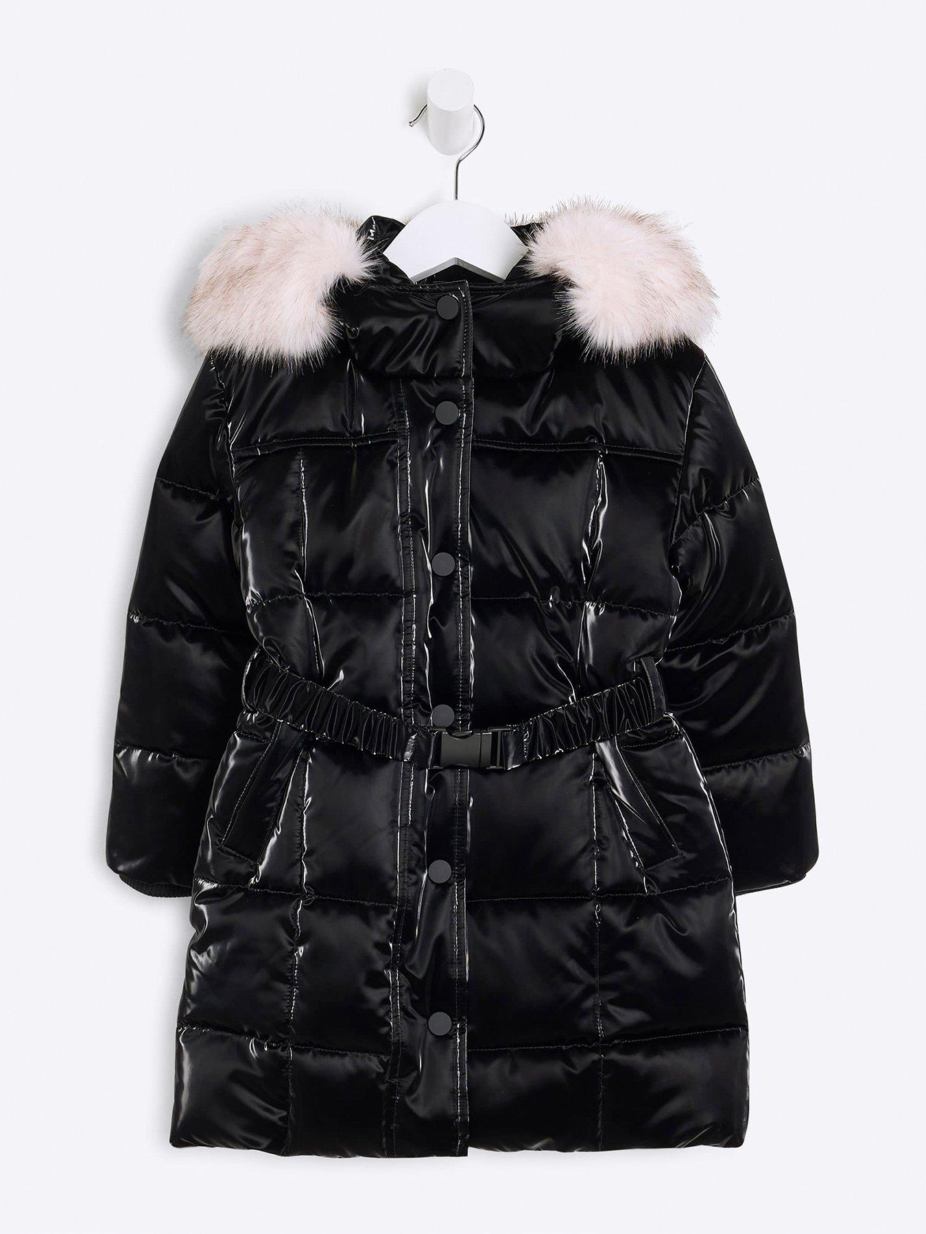 River Island Mini Mini Girls Faux Fur Puffer Jacket Black littlewoods