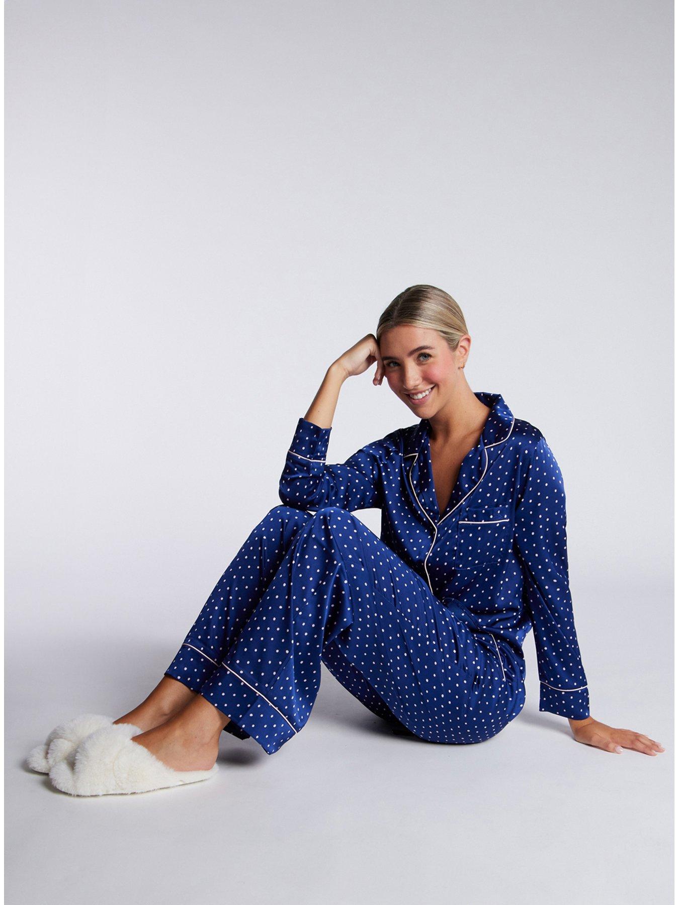  image of boux-avenue-luxe-spot-long-sleeve-revere-pj-set-navy-mix