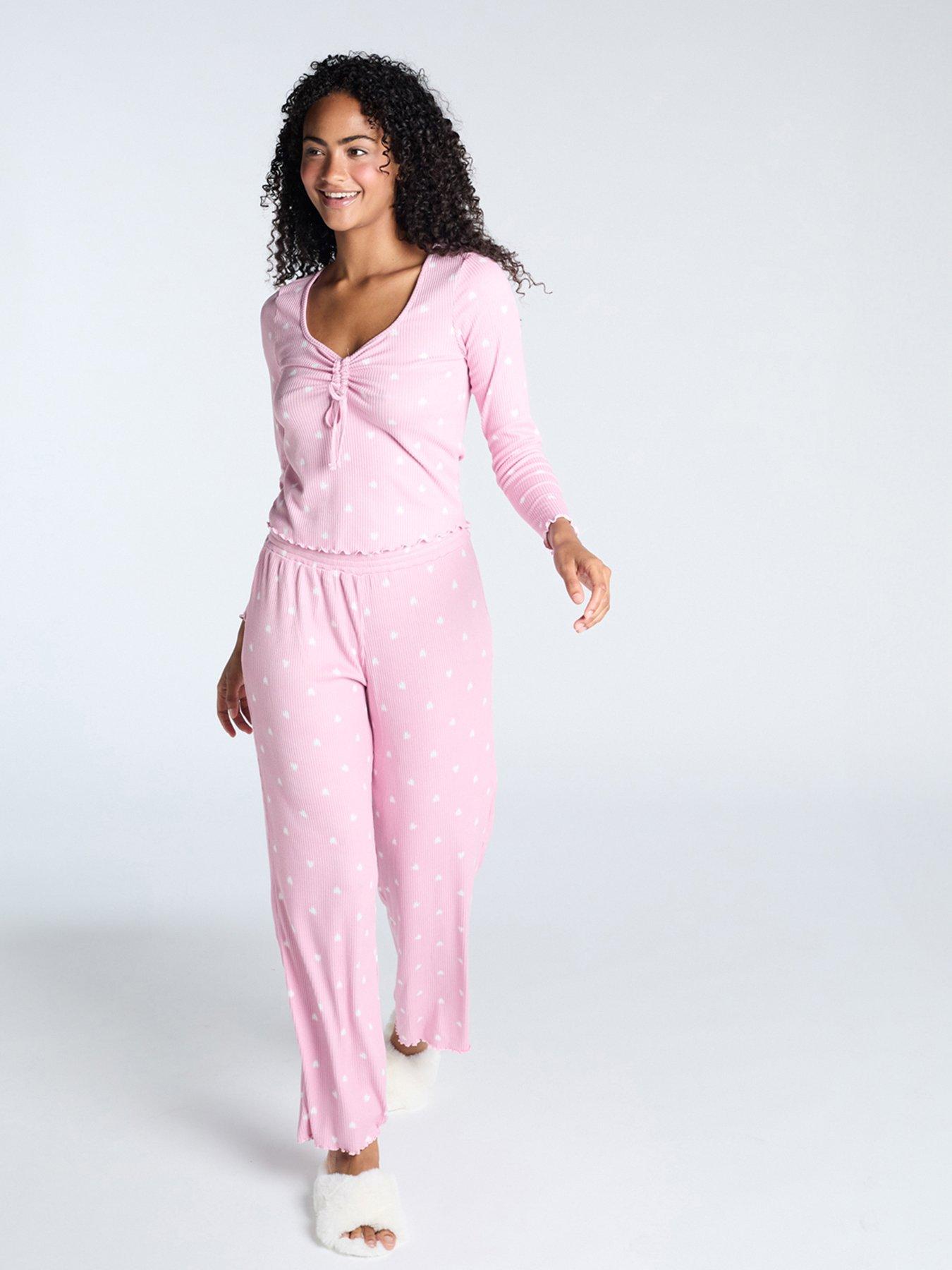boux-avenue-rib-heart-ruched-long-sleeve-pj-top-amp-pant-set-dusky-pink