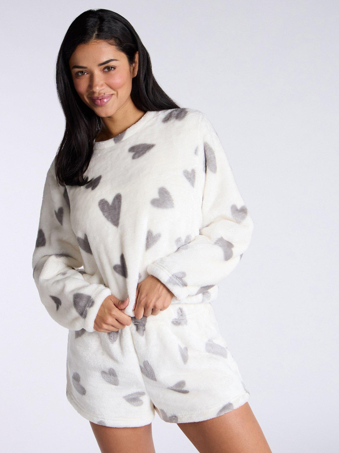 undefined Heart Plush Crew  &  Short Pj Set - Ivory Mix