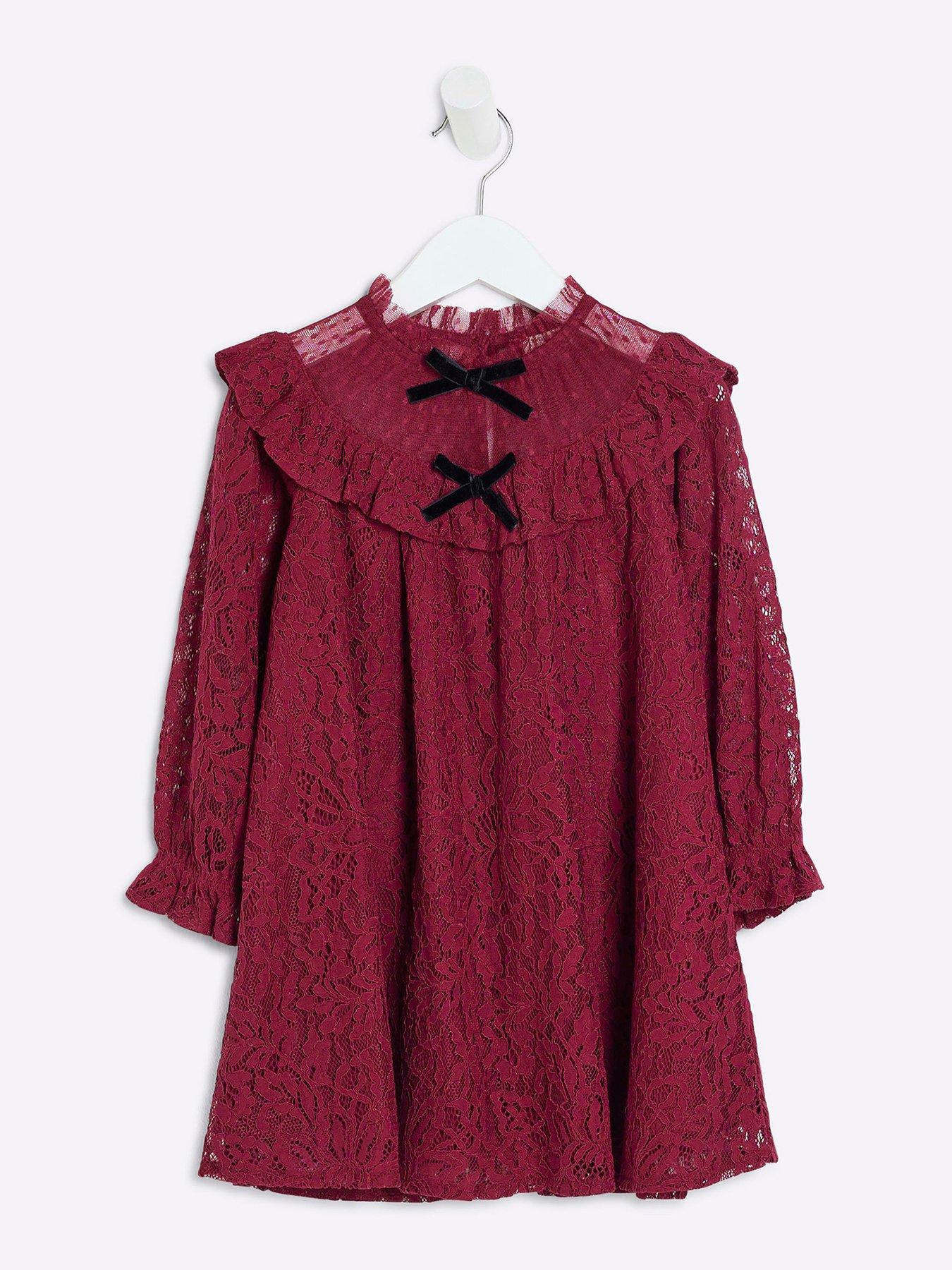Image 1 of 4 of River Island Mini Mini Girl Lace Long Sleeve Smock Dress - Red