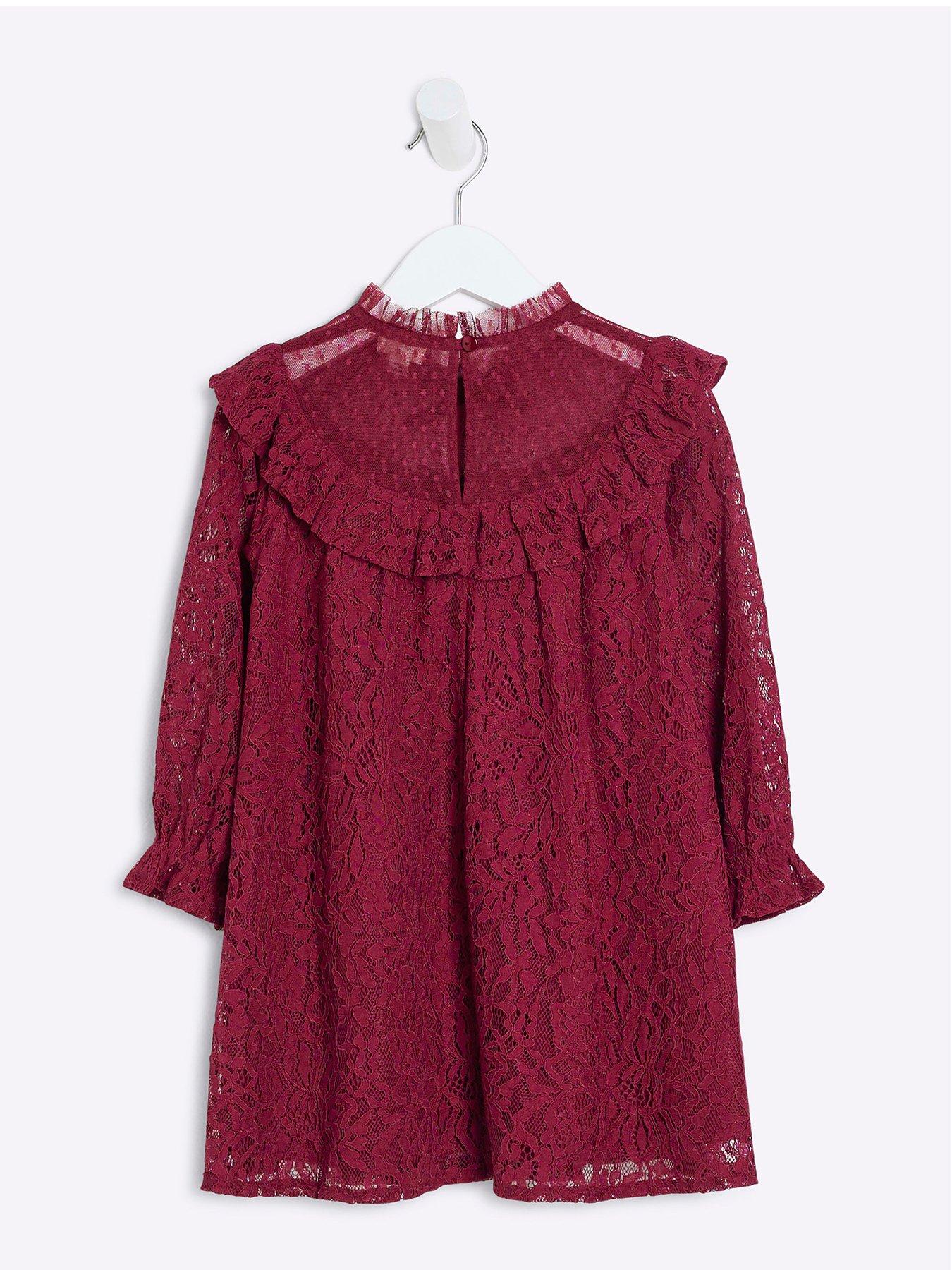 Image 2 of 4 of River Island Mini Mini Girl Lace Long Sleeve Smock Dress - Red