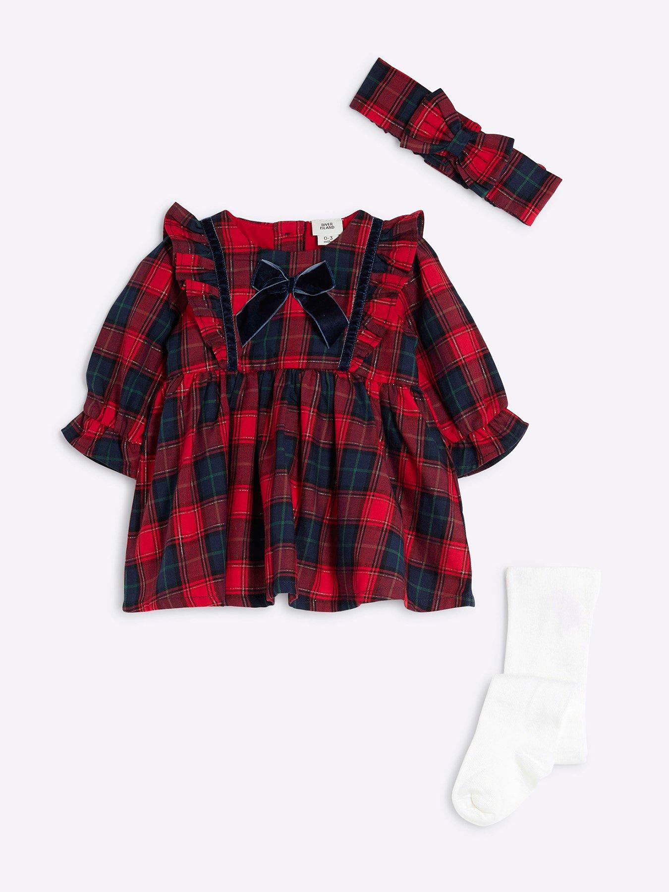 undefined Baby Girls Christmas Check Dress Set With Tights - Red
