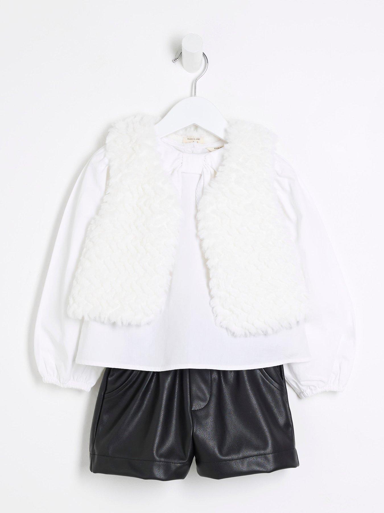 Image 2 of 5 of River Island Mini Mini Girls Faux Fur Top Set - White