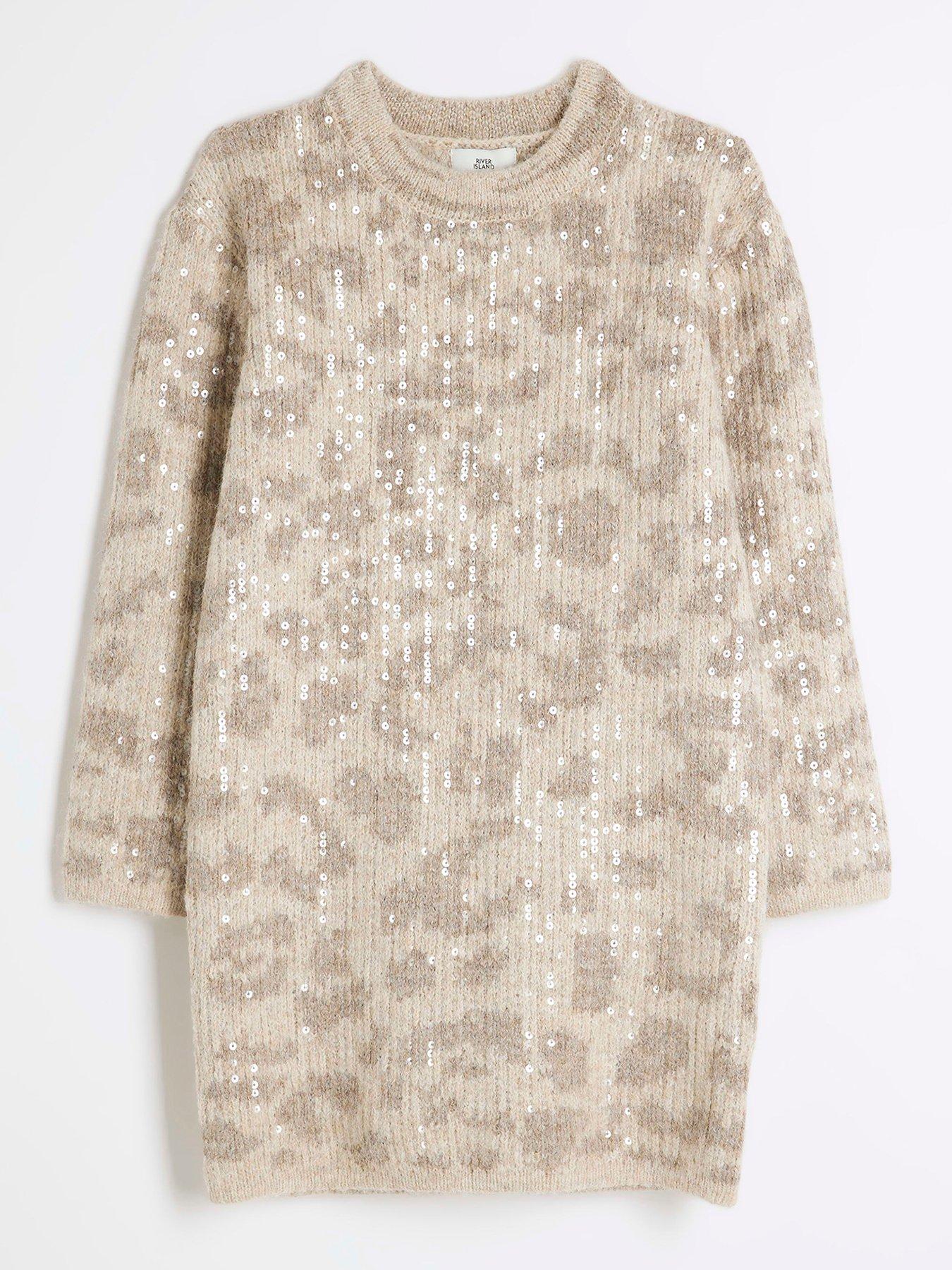 undefined Older Girl Leopard Print Sequin Jumper Dress - Beige