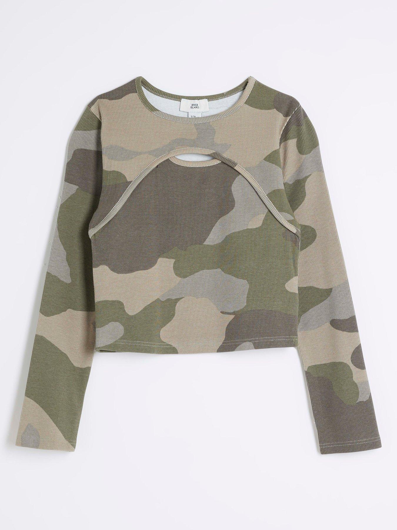 undefined Girls Long Sleeve Ribbed Camo Print T-shirt - Khaki