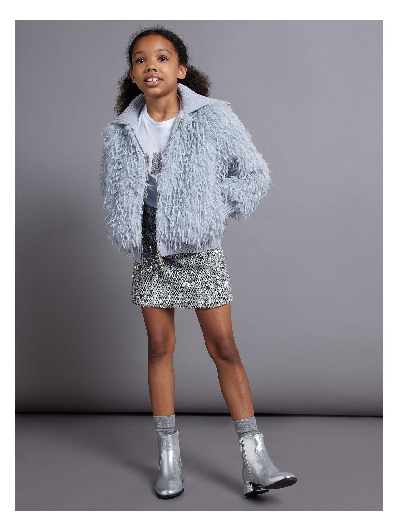 undefined Girls Shaggy Faux Fur Bomber Jacket - Blue
