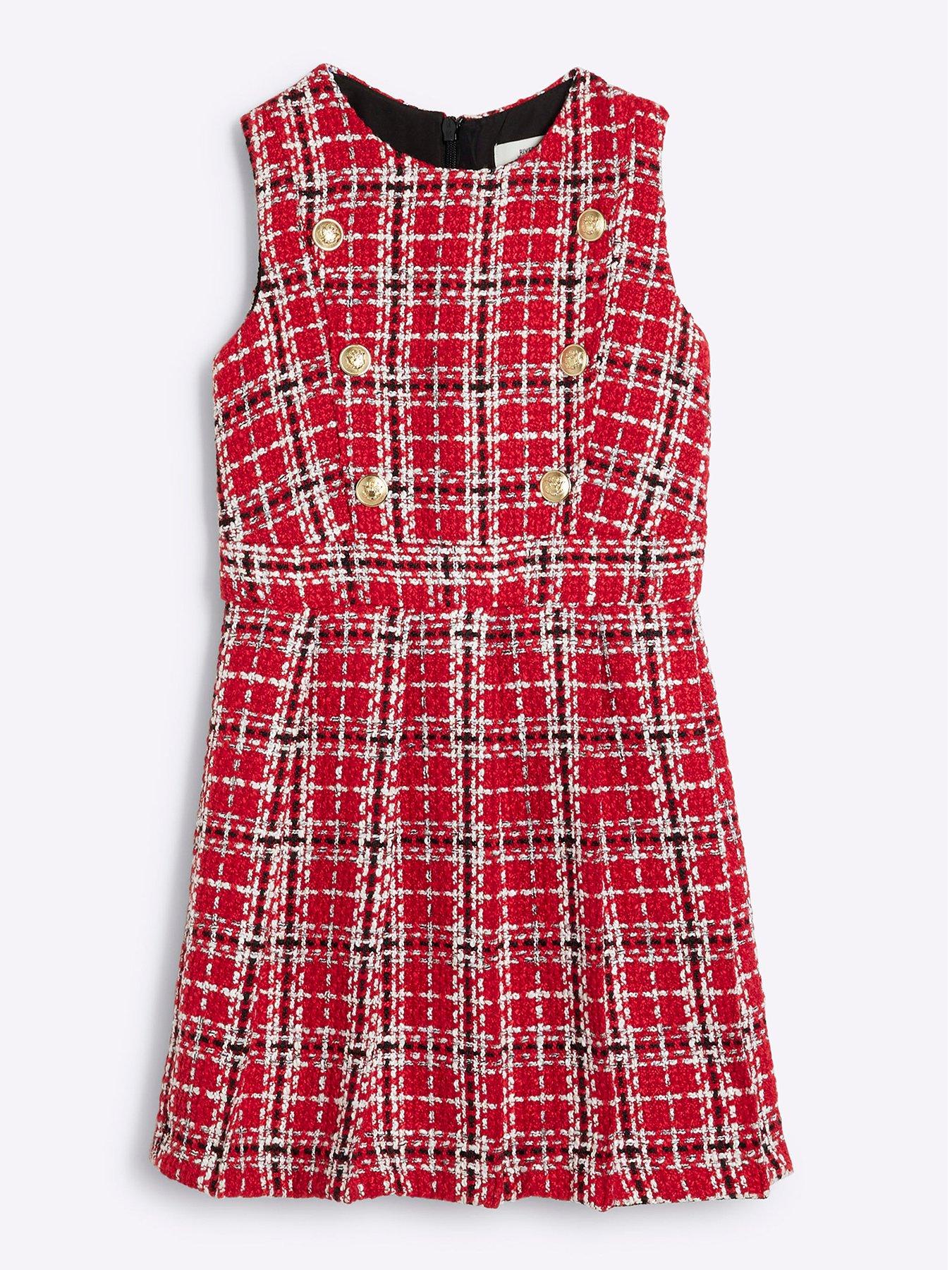 undefined Older Girl Boucle Pinafore Christmas Check Dress - Red