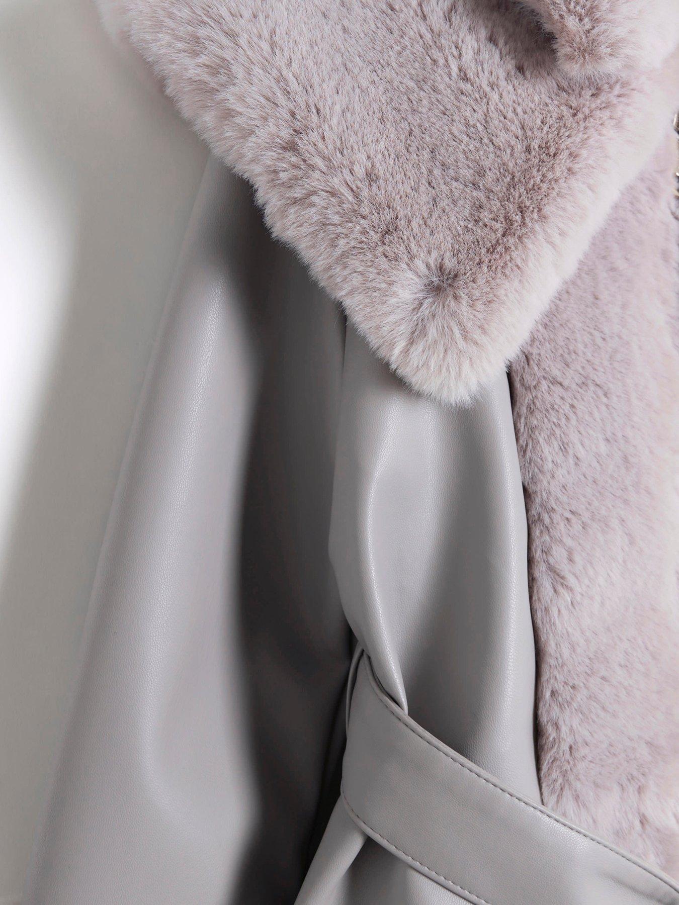 River Island Older Girl Faux Fur Belted Coat Grey littlewoods