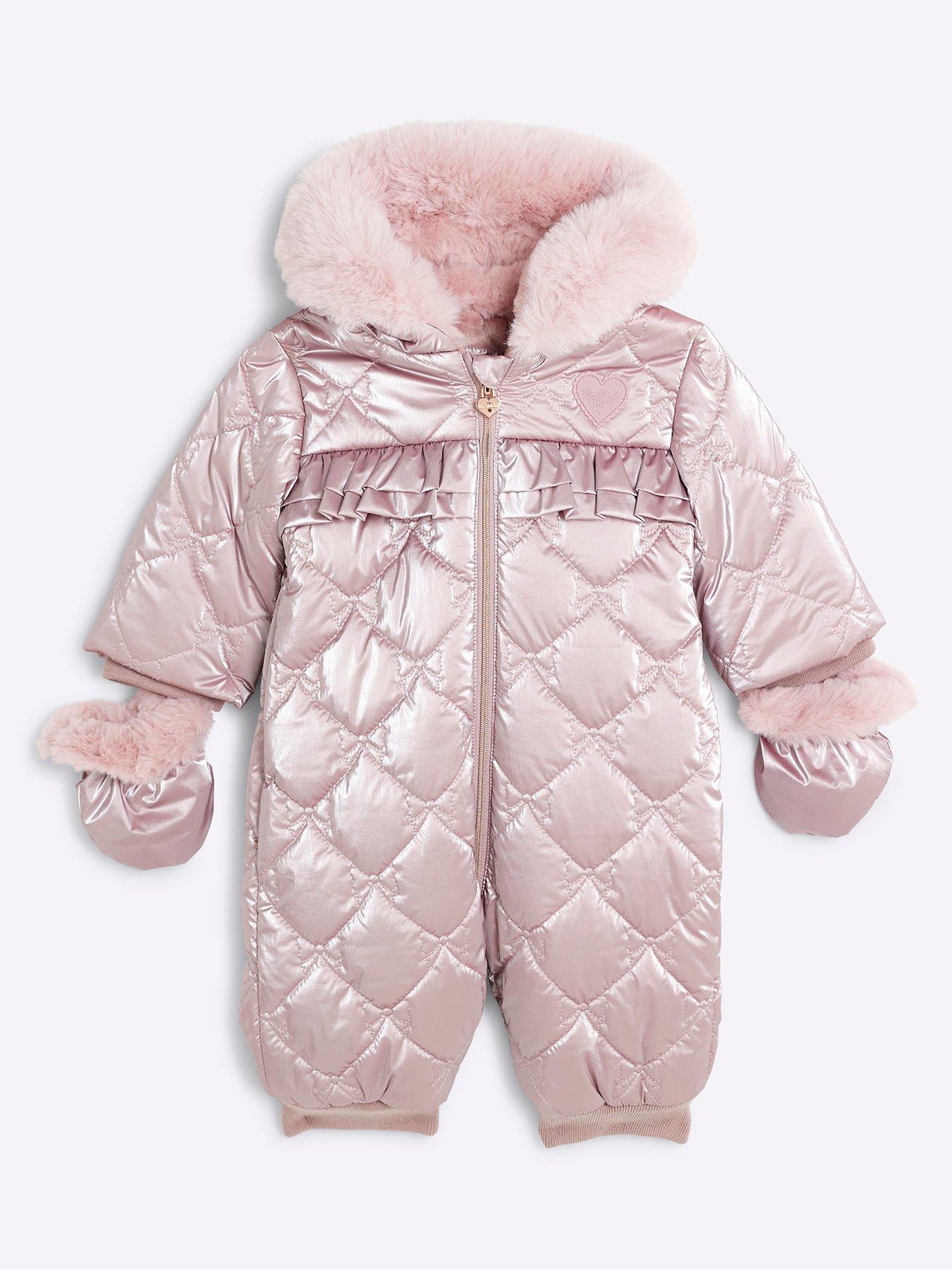 front image of river-island-baby-baby-girl-quilted-hooded-bow-snowsuit-pink