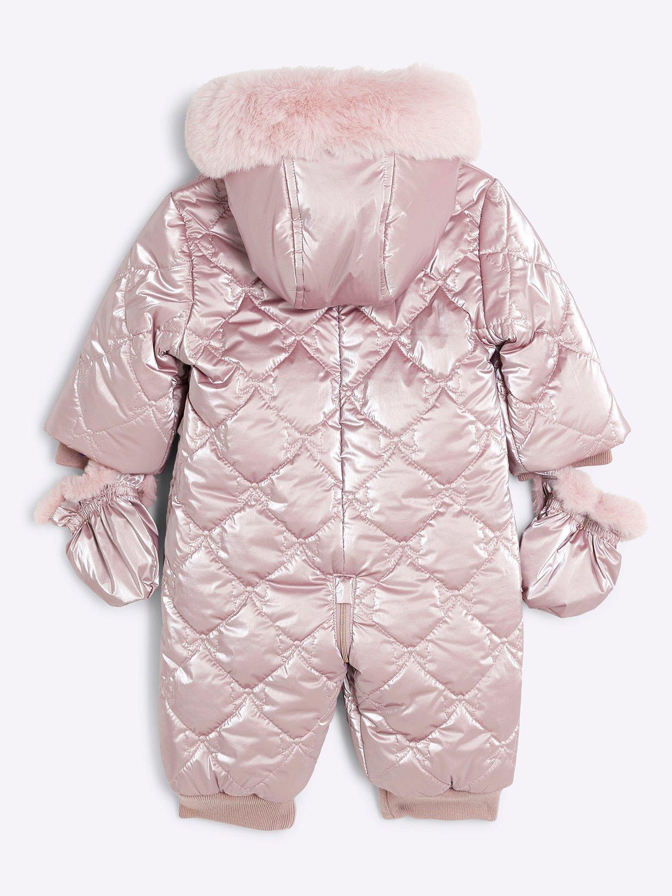  image of river-island-baby-baby-girl-quilted-hooded-bow-snowsuit-pink