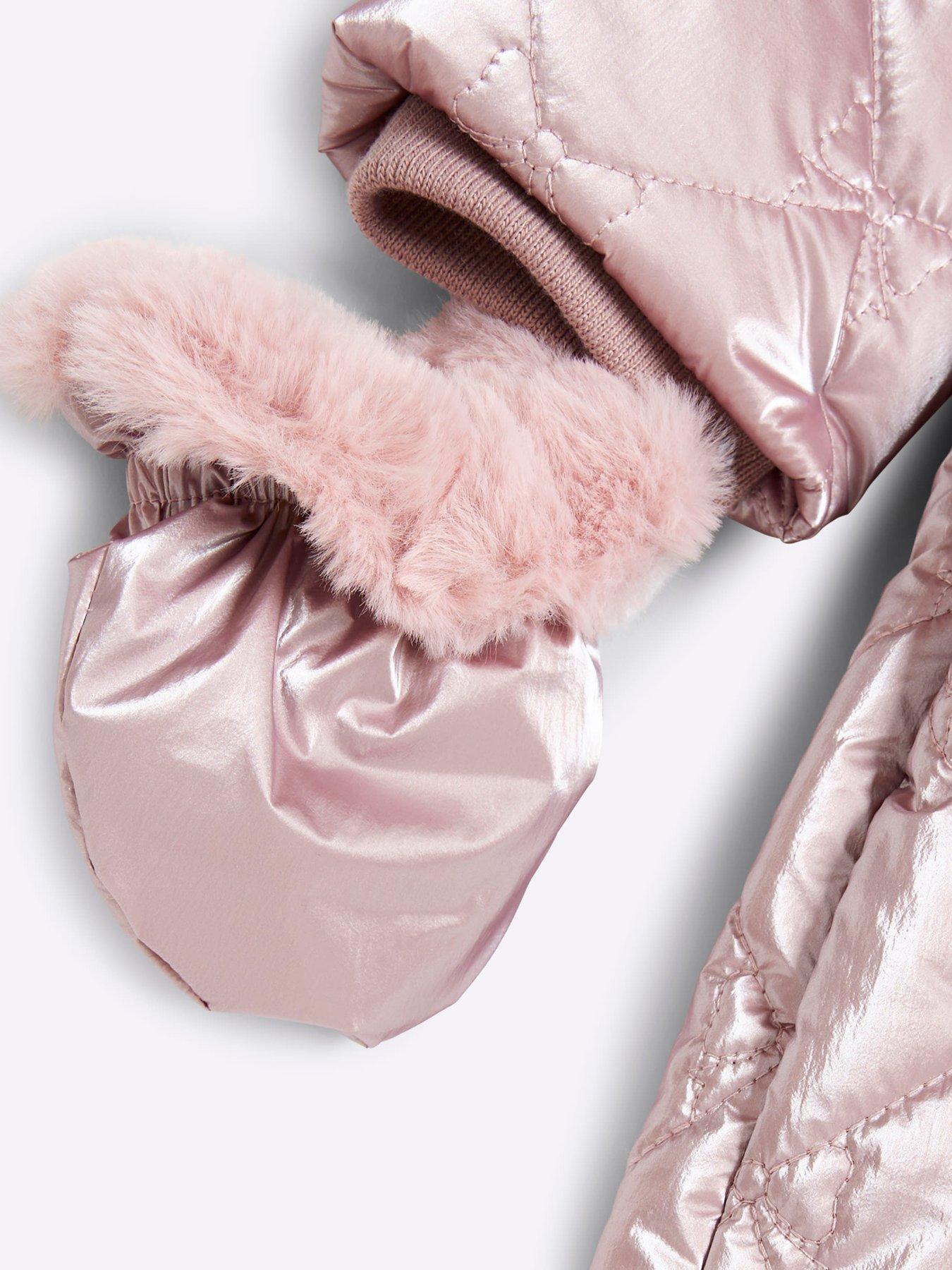  image of river-island-baby-baby-girl-quilted-hooded-bow-snowsuit-pink