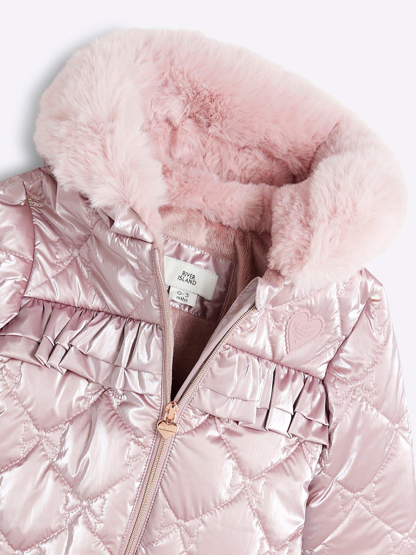  image of river-island-baby-baby-girl-quilted-hooded-bow-snowsuit-pink