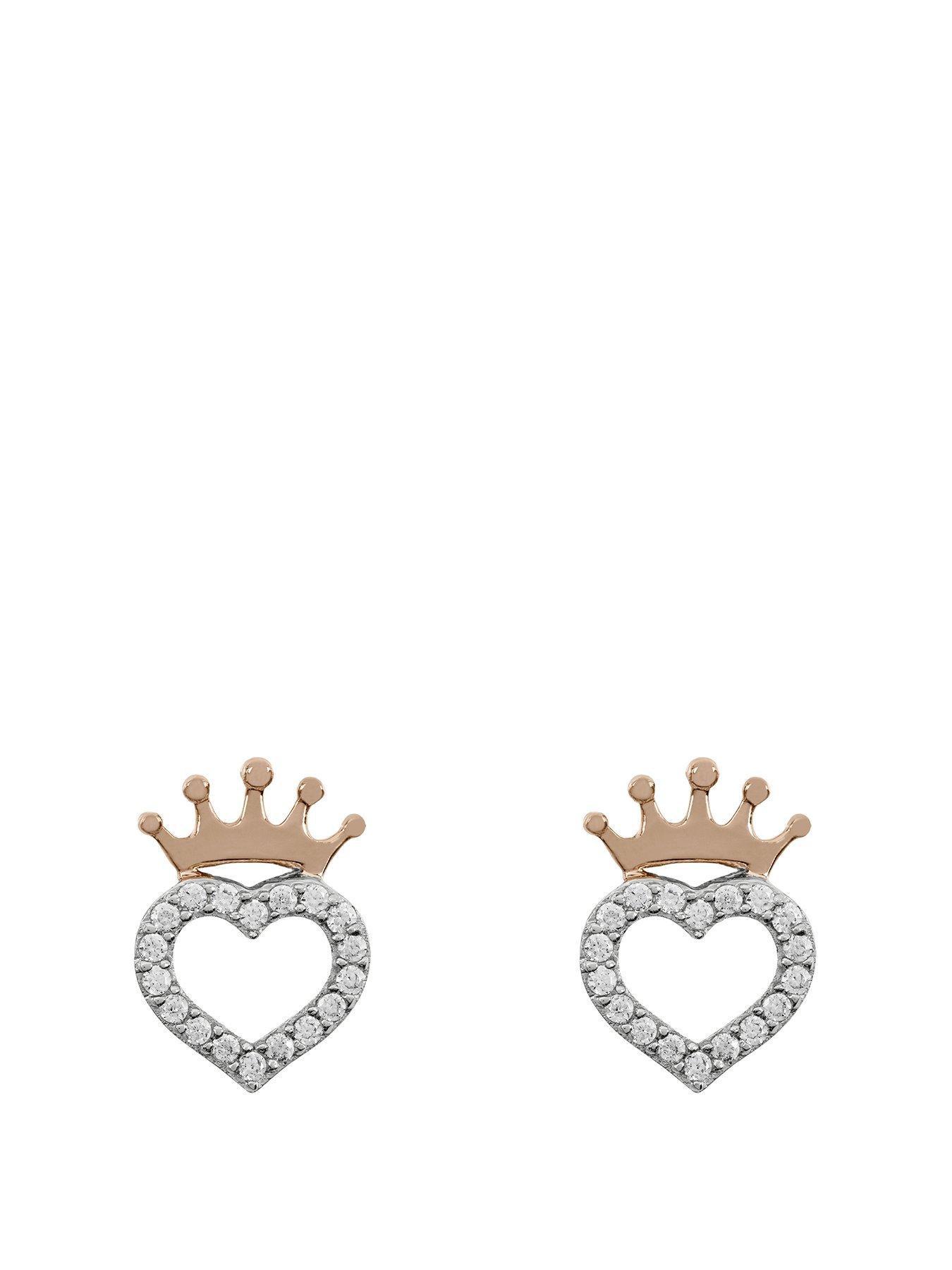  image of disney-sterling-silver-18ct-gold-plated-crown-heart-stud-earrings