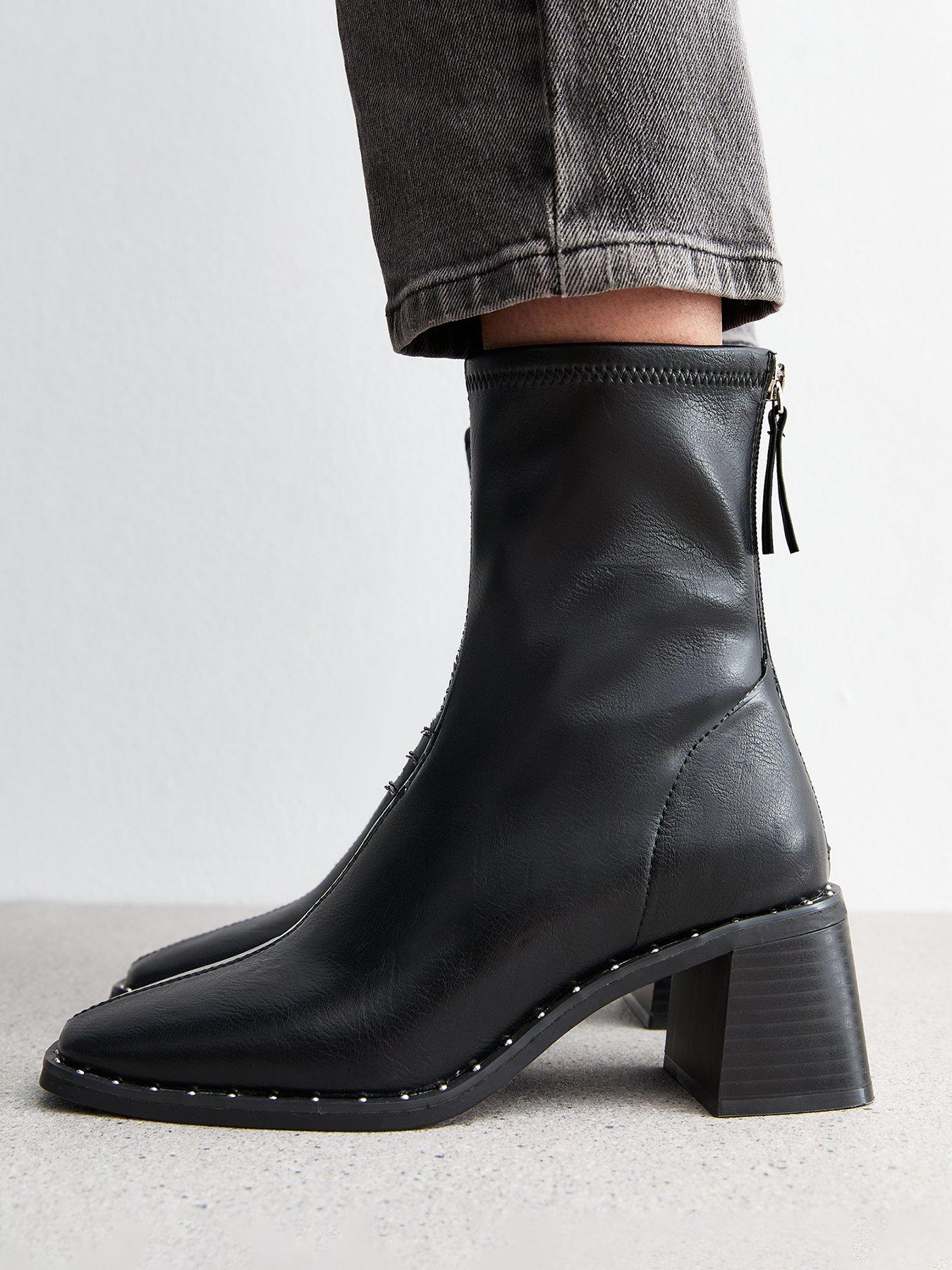 Image 4 of 6 of New Look Studded Faux Leather Heeled Boots - Black