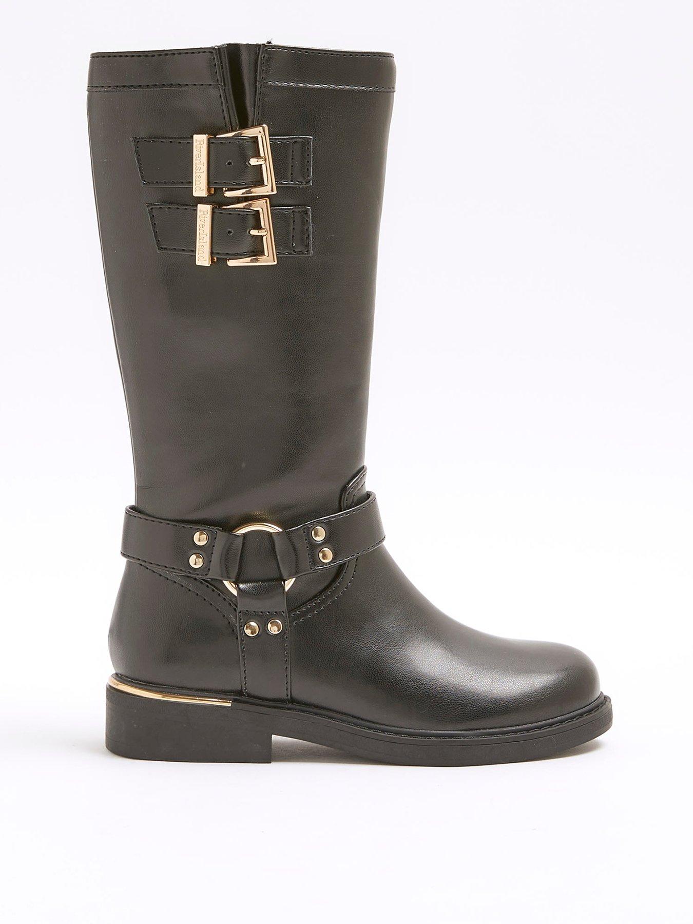 undefined Older Girl Faux Leather Buckle Biker Boots - Black