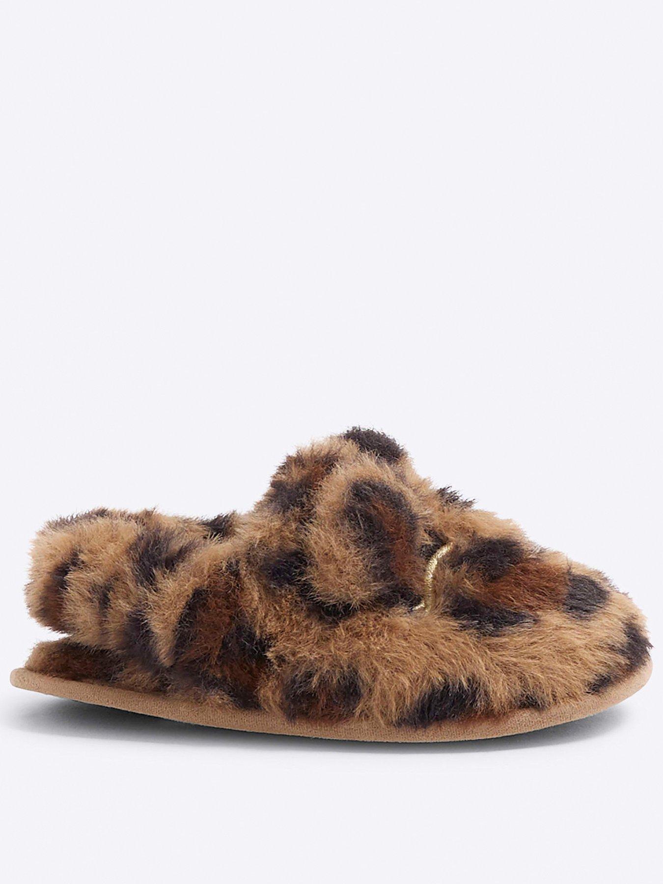 River Island Faux Fur Leopard Slippers Brown littlewoods