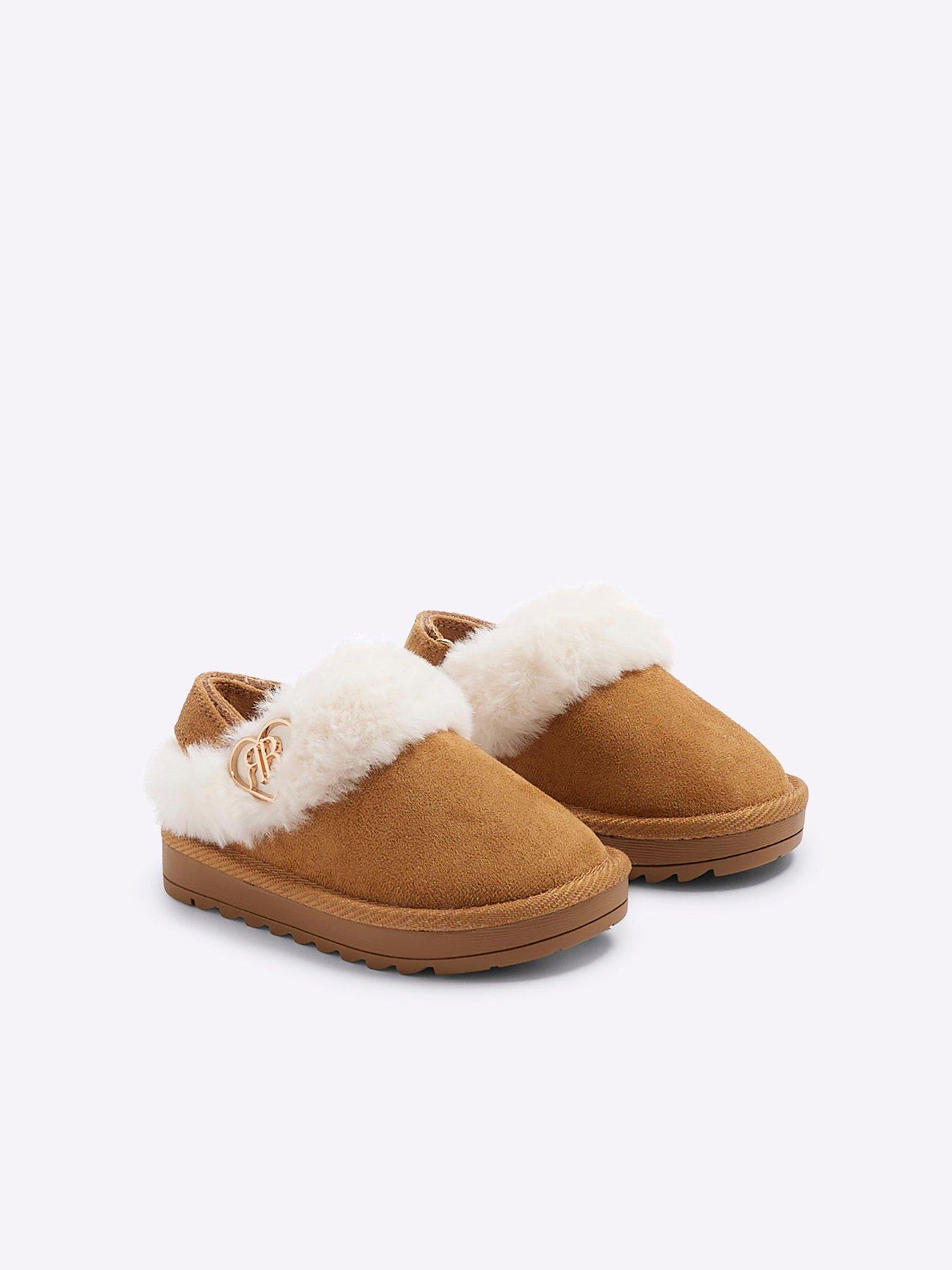 River Island Mini Girls Faux Fur Closed Toe Slippers Brown