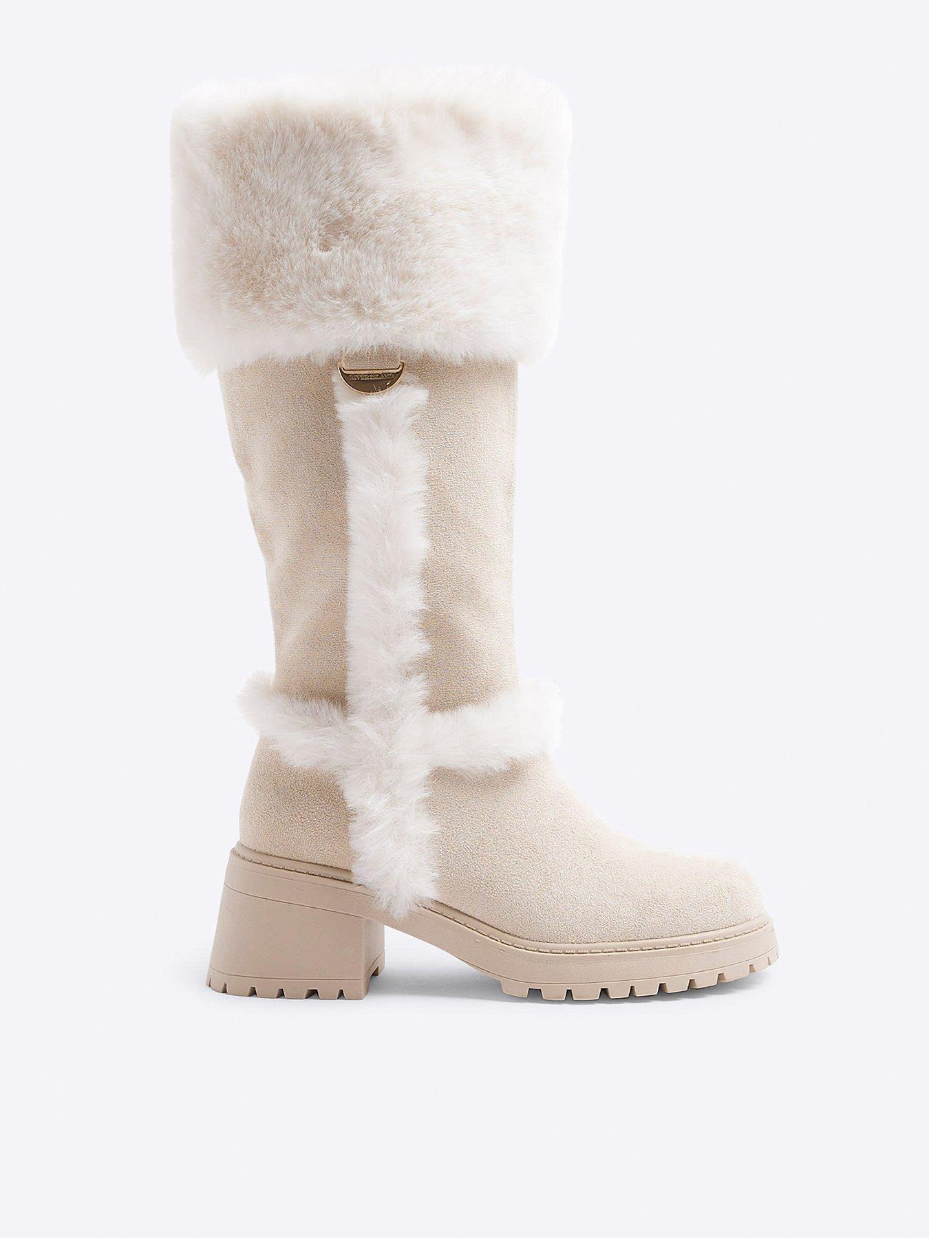 undefined Older Girl Suedette Faux Fur Knee High Boots - Beige