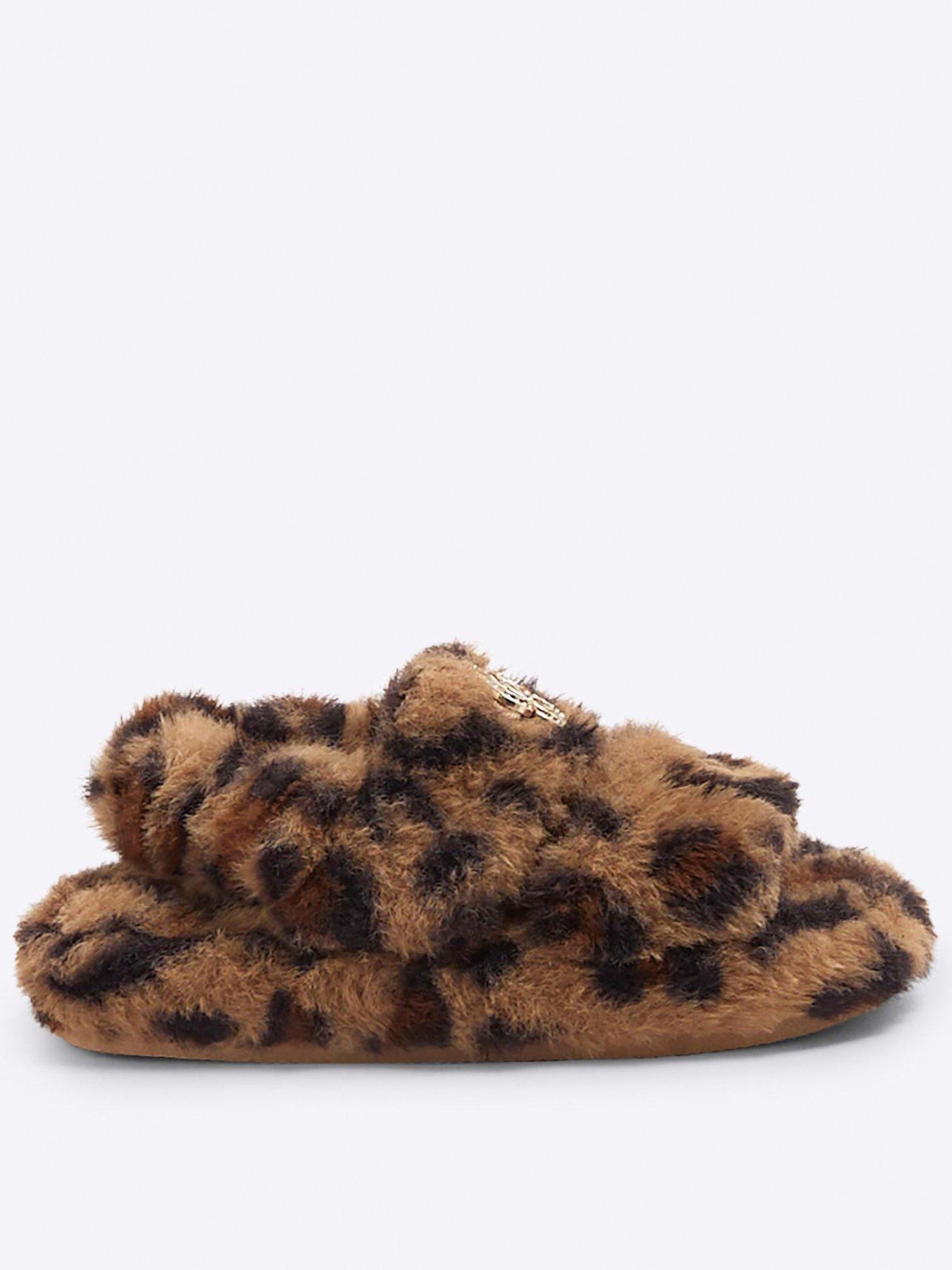 undefined Faux Fur Leopard Slippers - Brown