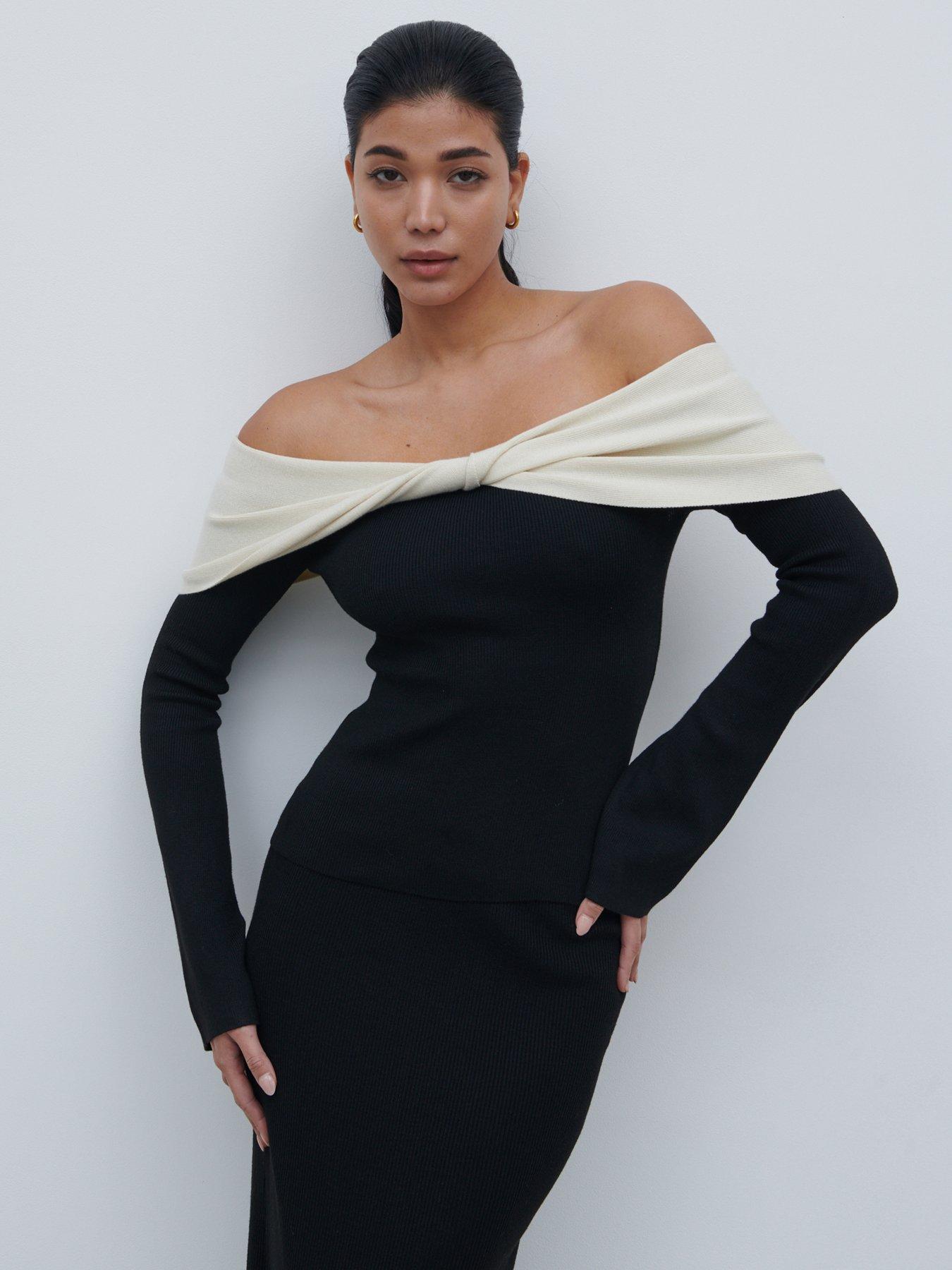 undefined Twist Contrast Bardot Knit Top - Black  &  Cream