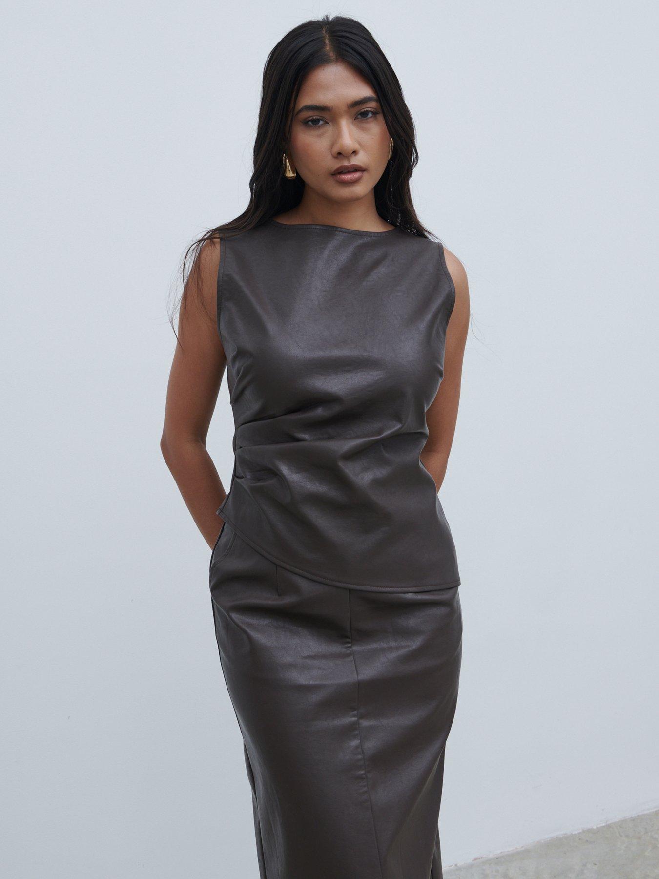 undefined High Neck Faux Leather Top - Dark Brown