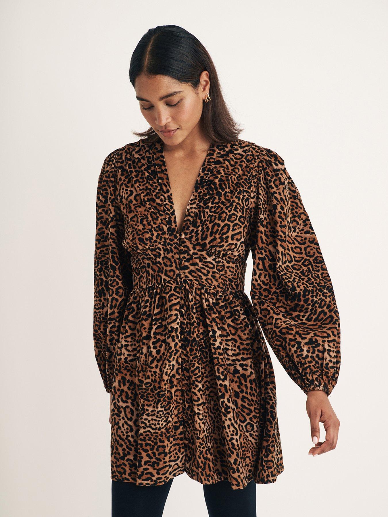 undefined Leopard Print Button Down V Neck Cord Mini Dress - Multi