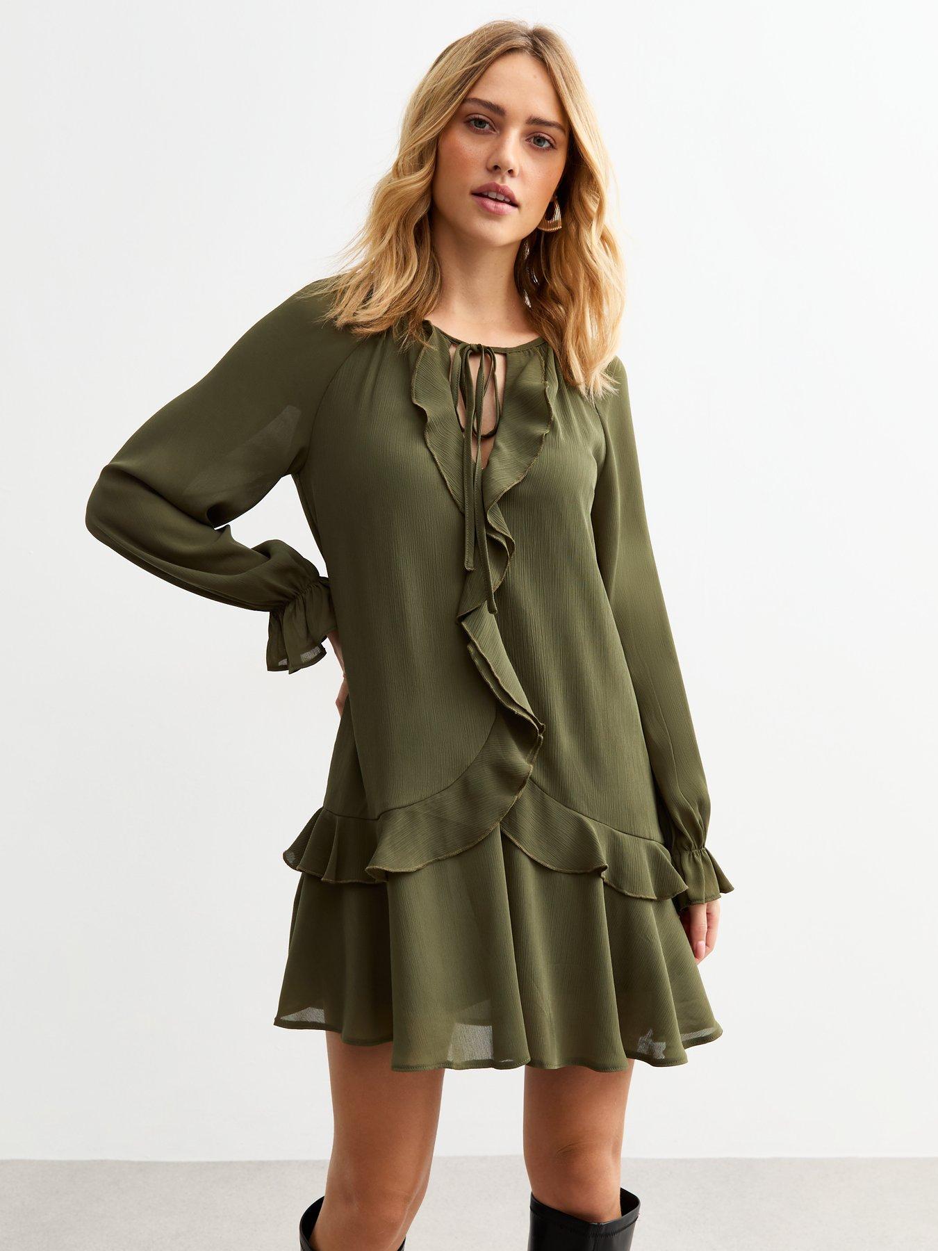 undefined Chiffon Ruffle Trim Mini Dress - Khaki