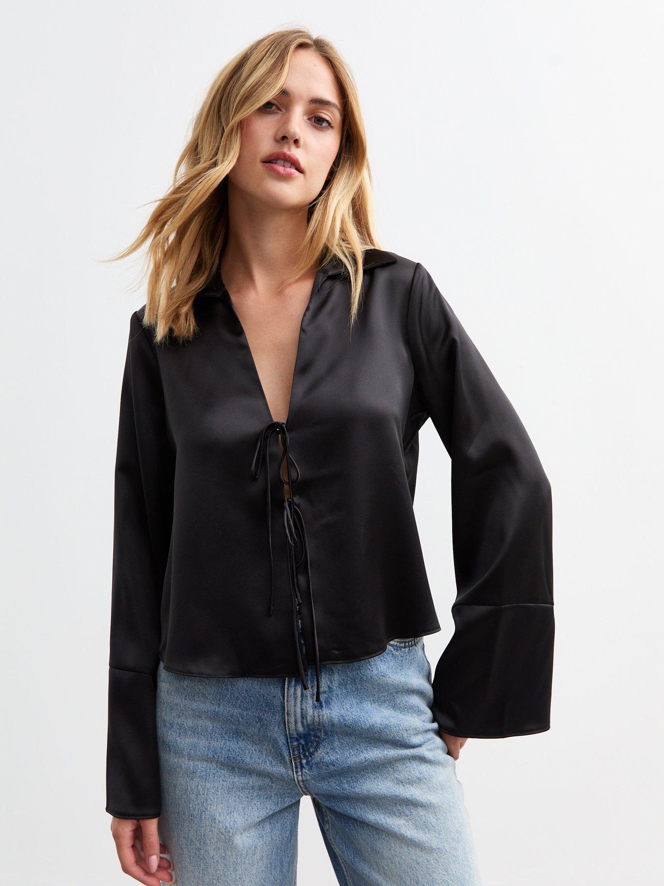 undefined Satin Tie Front Shirt - Black