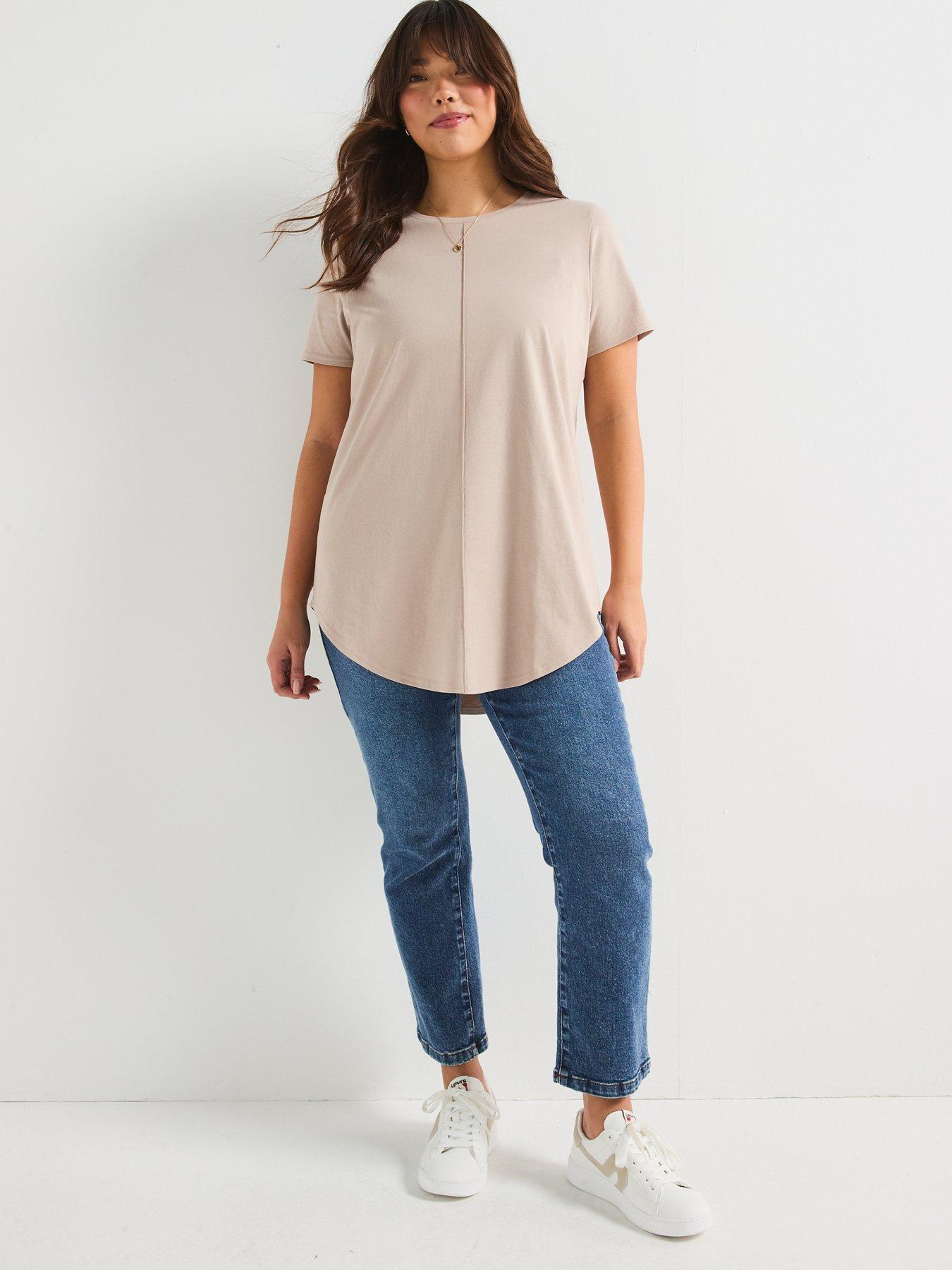  image of v-by-very-curve-scoop-hem-crew-neck-t-shirt-beige