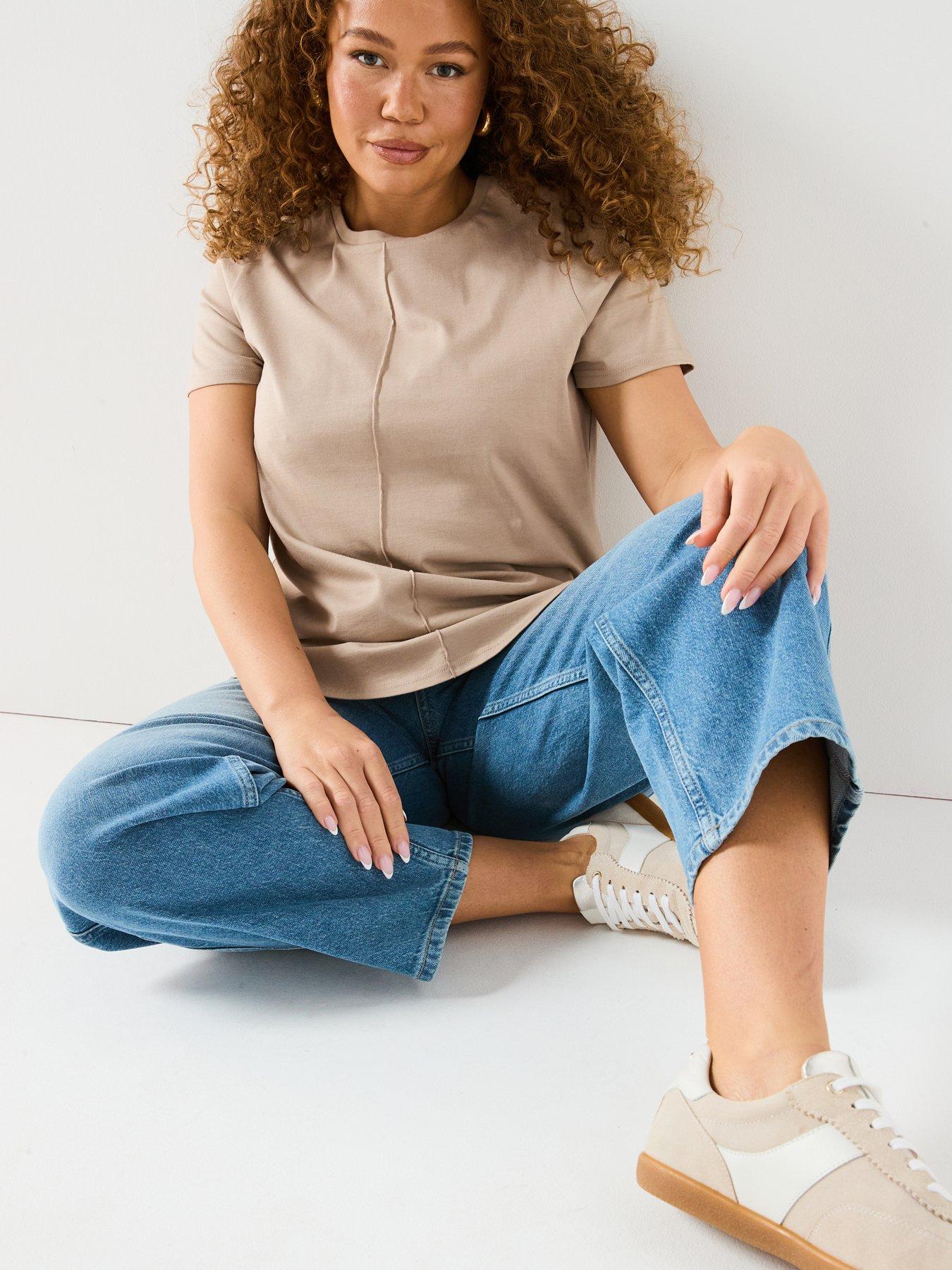  image of v-by-very-curve-scoop-hem-crew-neck-t-shirt-beige