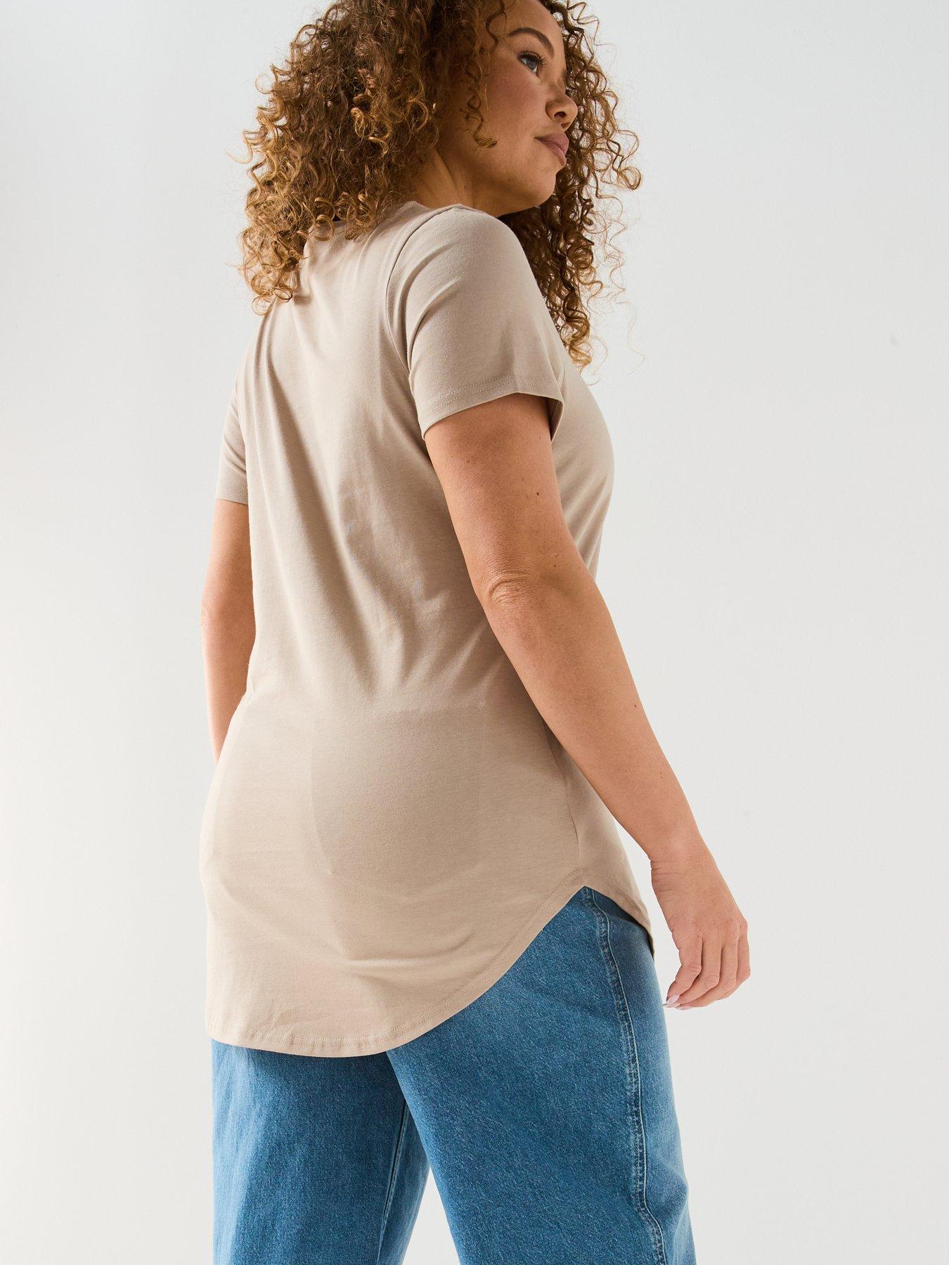  image of v-by-very-curve-scoop-hem-crew-neck-t-shirt-beige